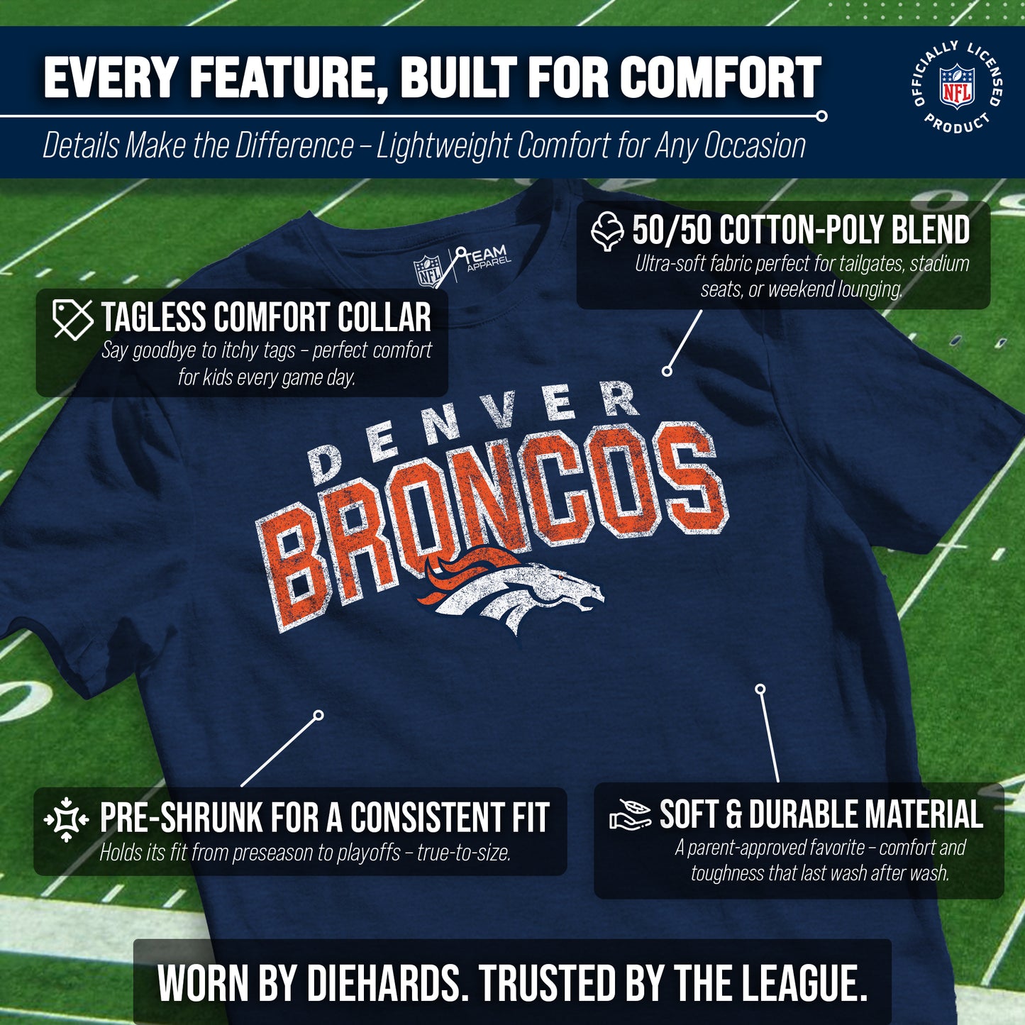Denver Broncos NFL Youth Starting Fresh Tee- Pro Football Tag-Less T-Shirt For Boys & Girls - Navy