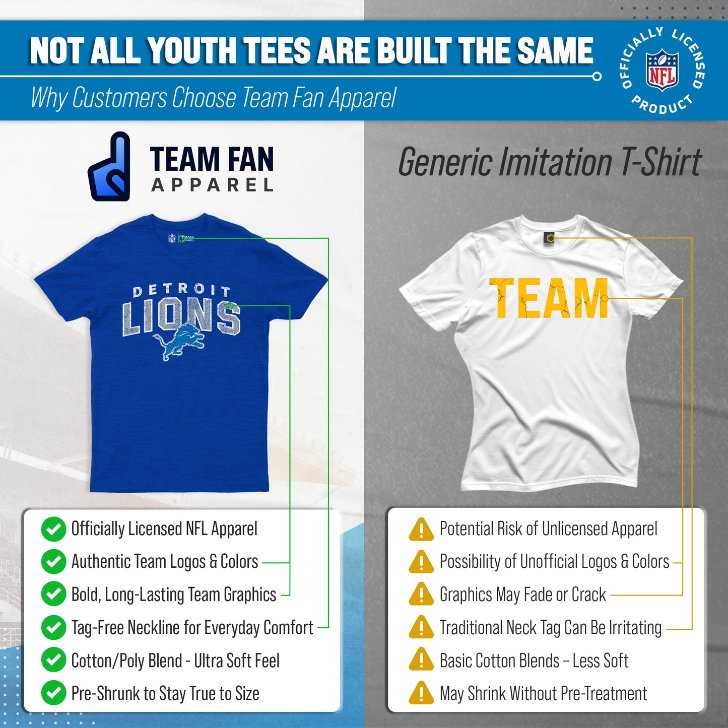 Detroit Lions NFL Youth Starting Fresh Tee- Pro Football Tag-Less T-Shirt For Boys & Girls - Royal