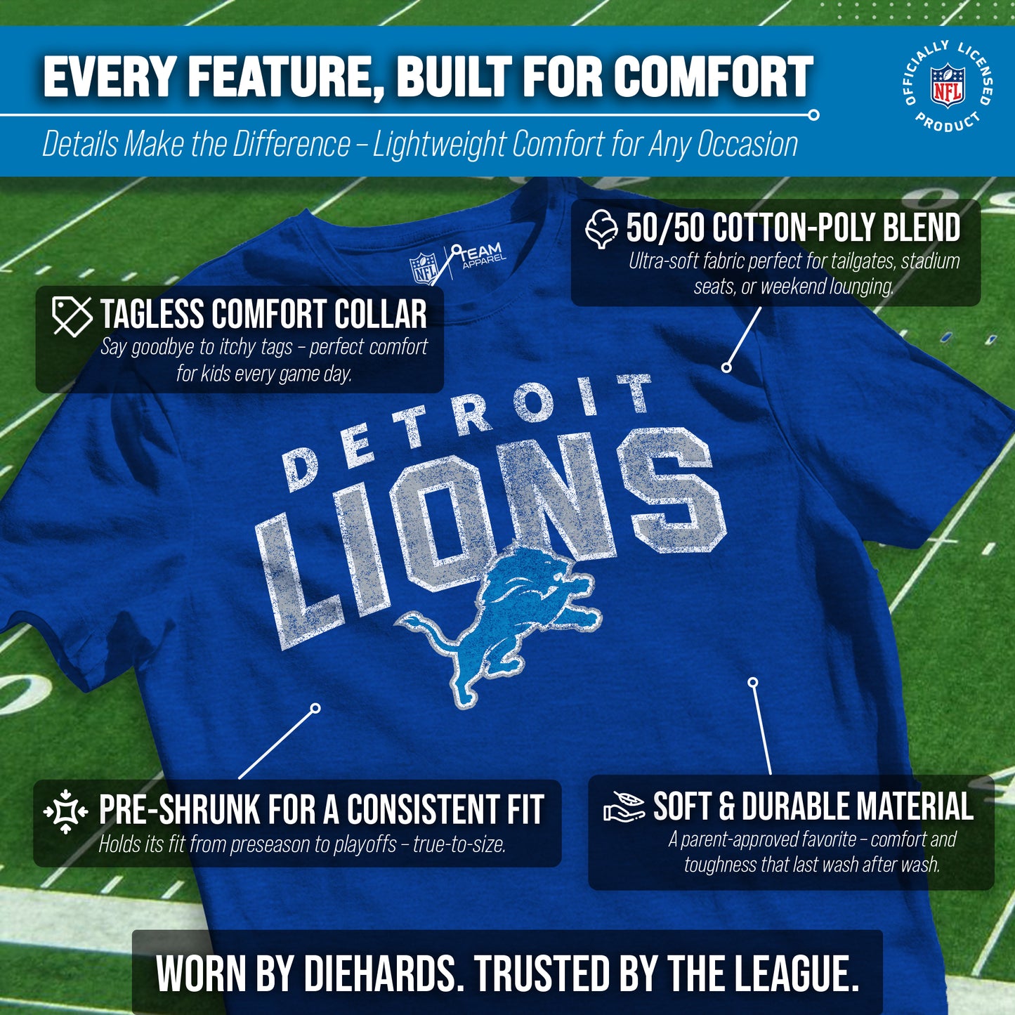 Detroit Lions NFL Youth Starting Fresh Tee- Pro Football Tag-Less T-Shirt For Boys & Girls - Royal