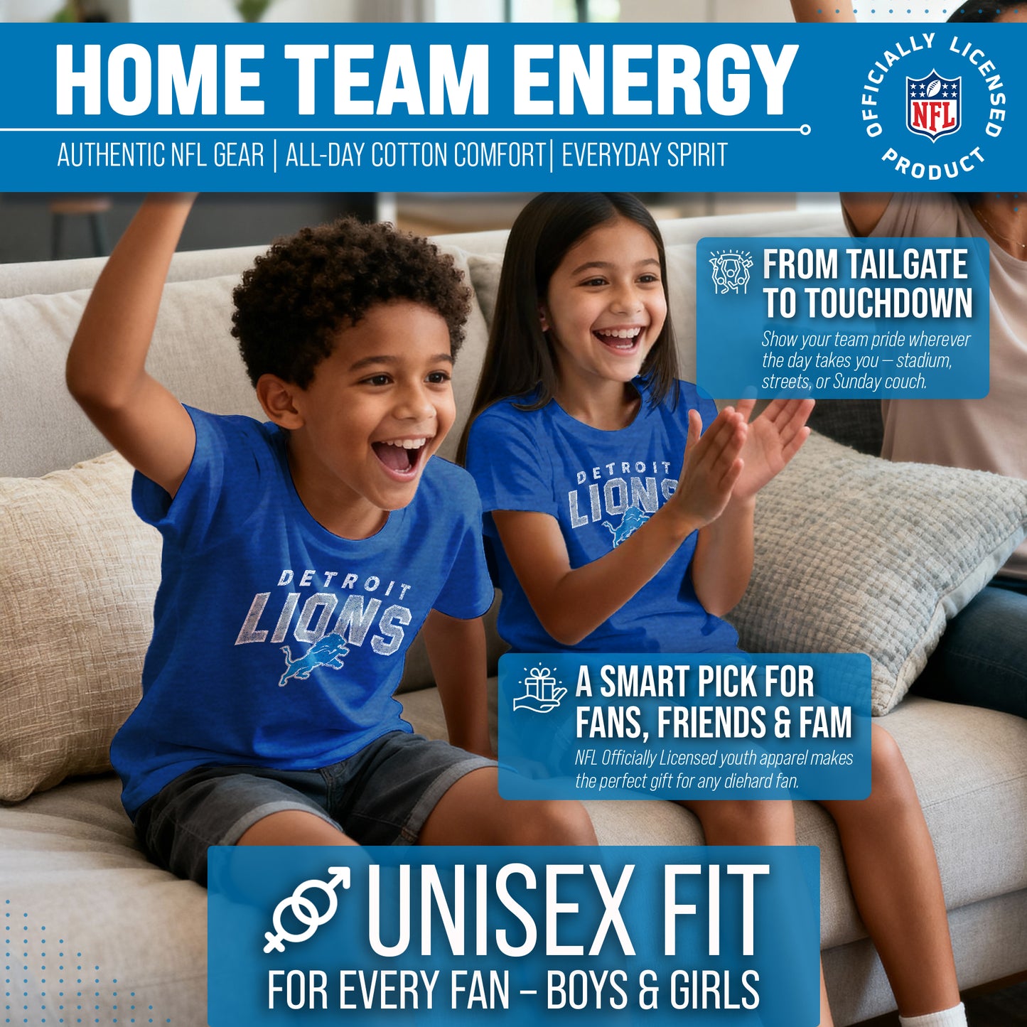 Detroit Lions NFL Youth Starting Fresh Tee- Pro Football Tag-Less T-Shirt For Boys & Girls - Royal