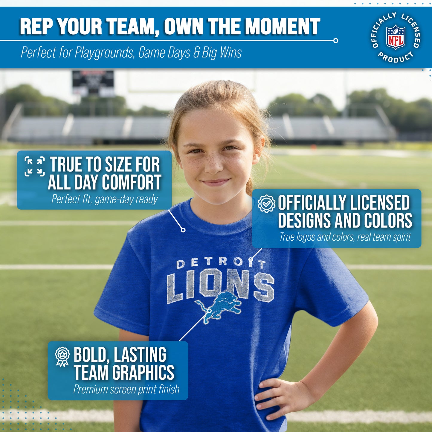 Detroit Lions NFL Youth Starting Fresh Tee- Pro Football Tag-Less T-Shirt For Boys & Girls - Royal