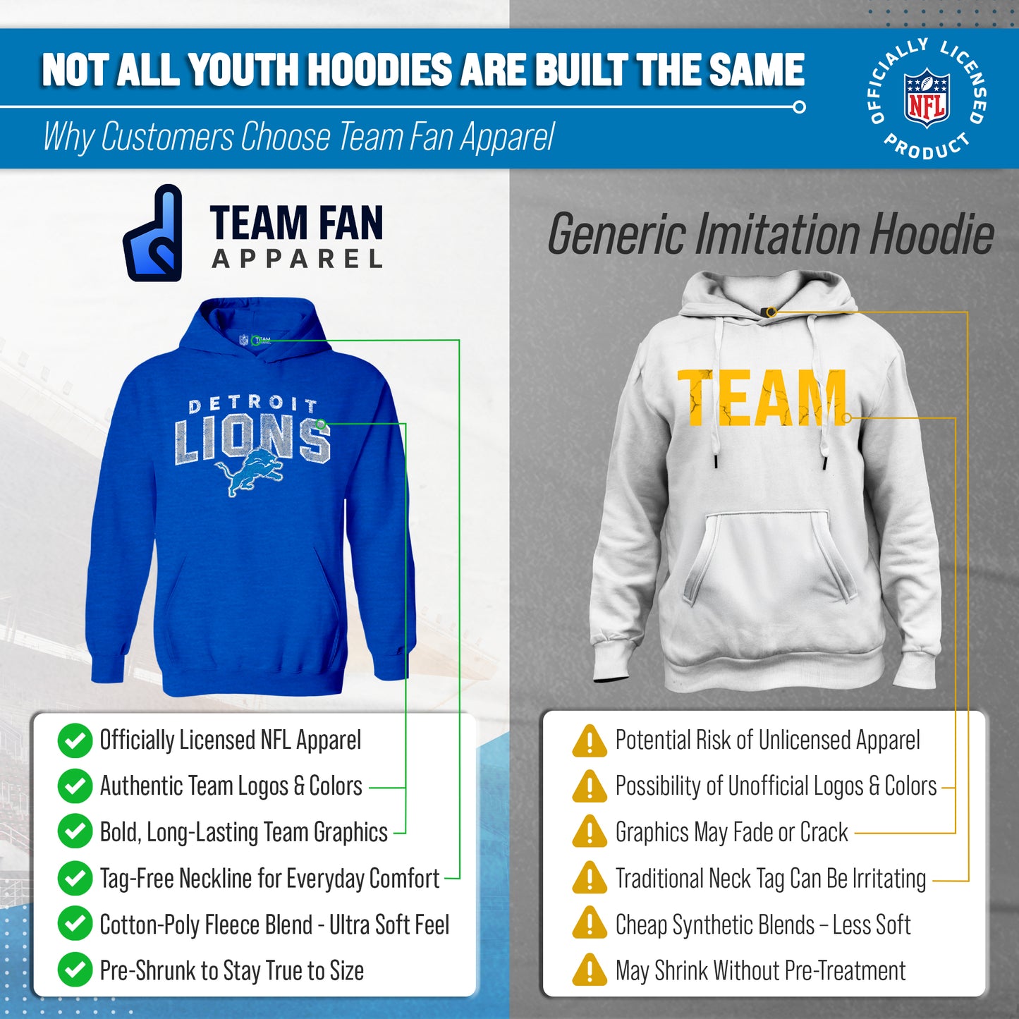 Detroit Lions NFL Youth Starting Fresh Hoodie- Pro Football Sweatshirt for Boys and Girls - Royal