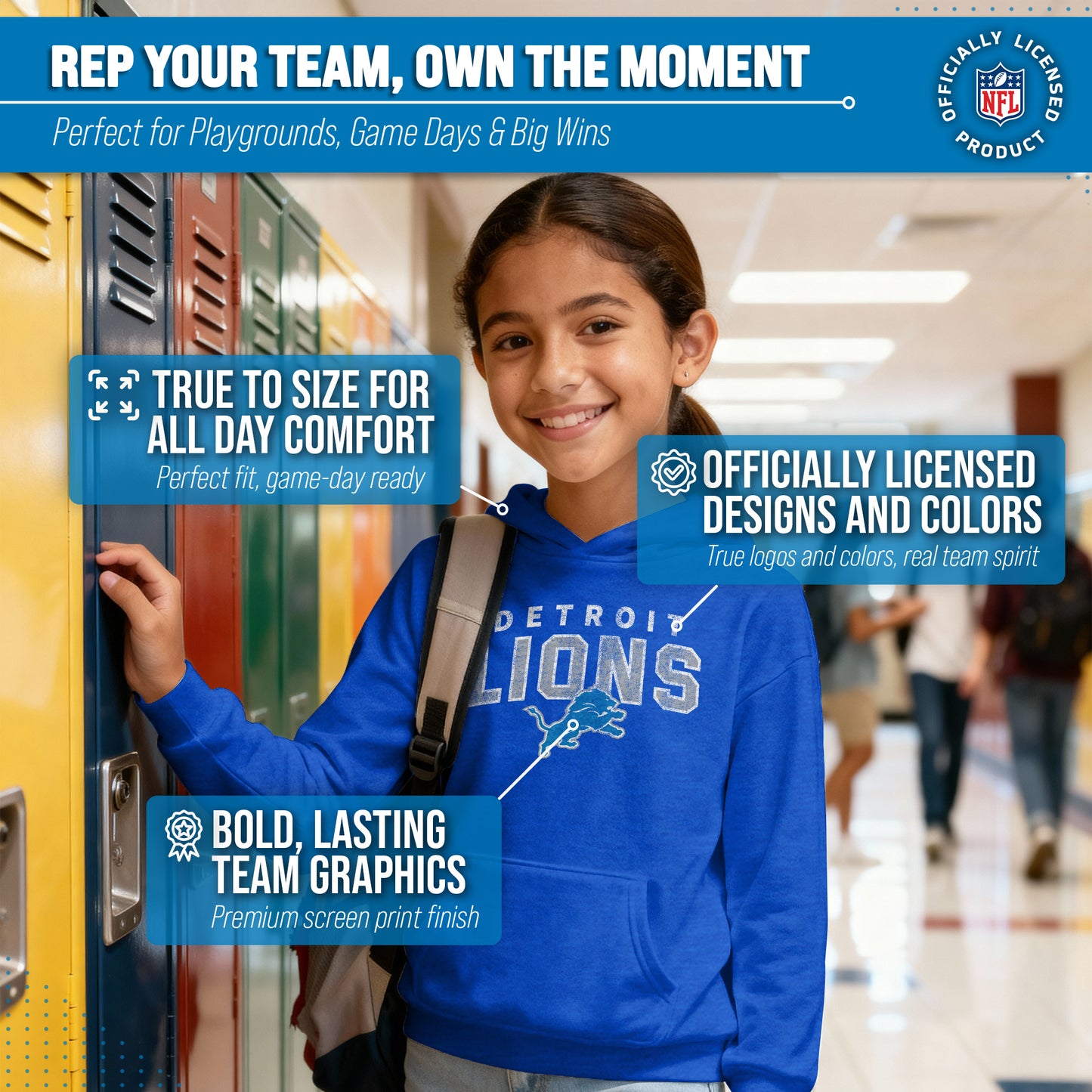 Detroit Lions NFL Youth Starting Fresh Hoodie- Pro Football Sweatshirt for Boys and Girls - Royal