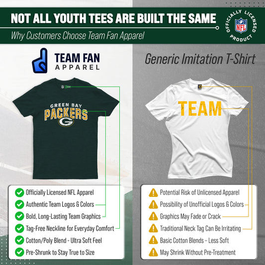 Green Bay Packers NFL Youth Starting Fresh Tee- Pro Football Tag-Less T-Shirt For Boys & Girls - Green