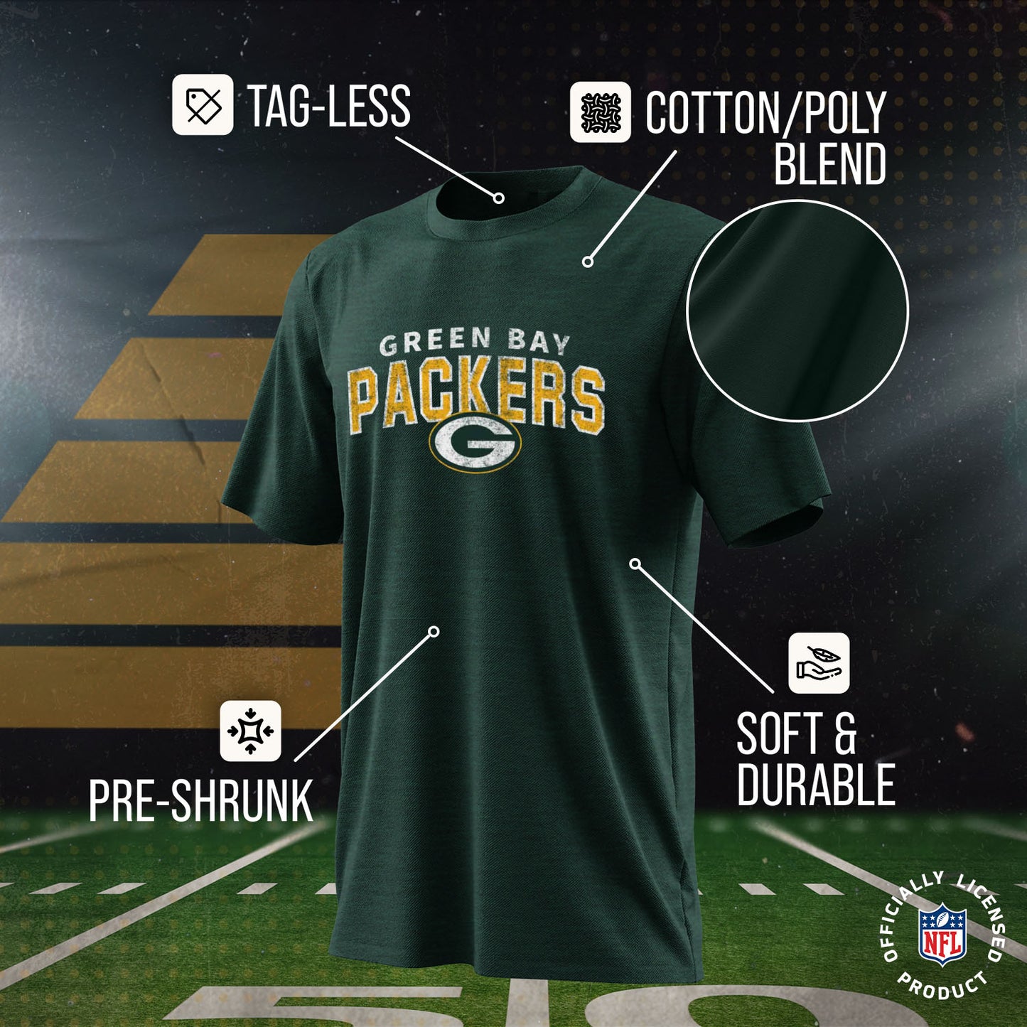 Green Bay Packers NFL Youth Starting Fresh Tee- Pro Football Tag-Less T-Shirt For Boys & Girls - Green