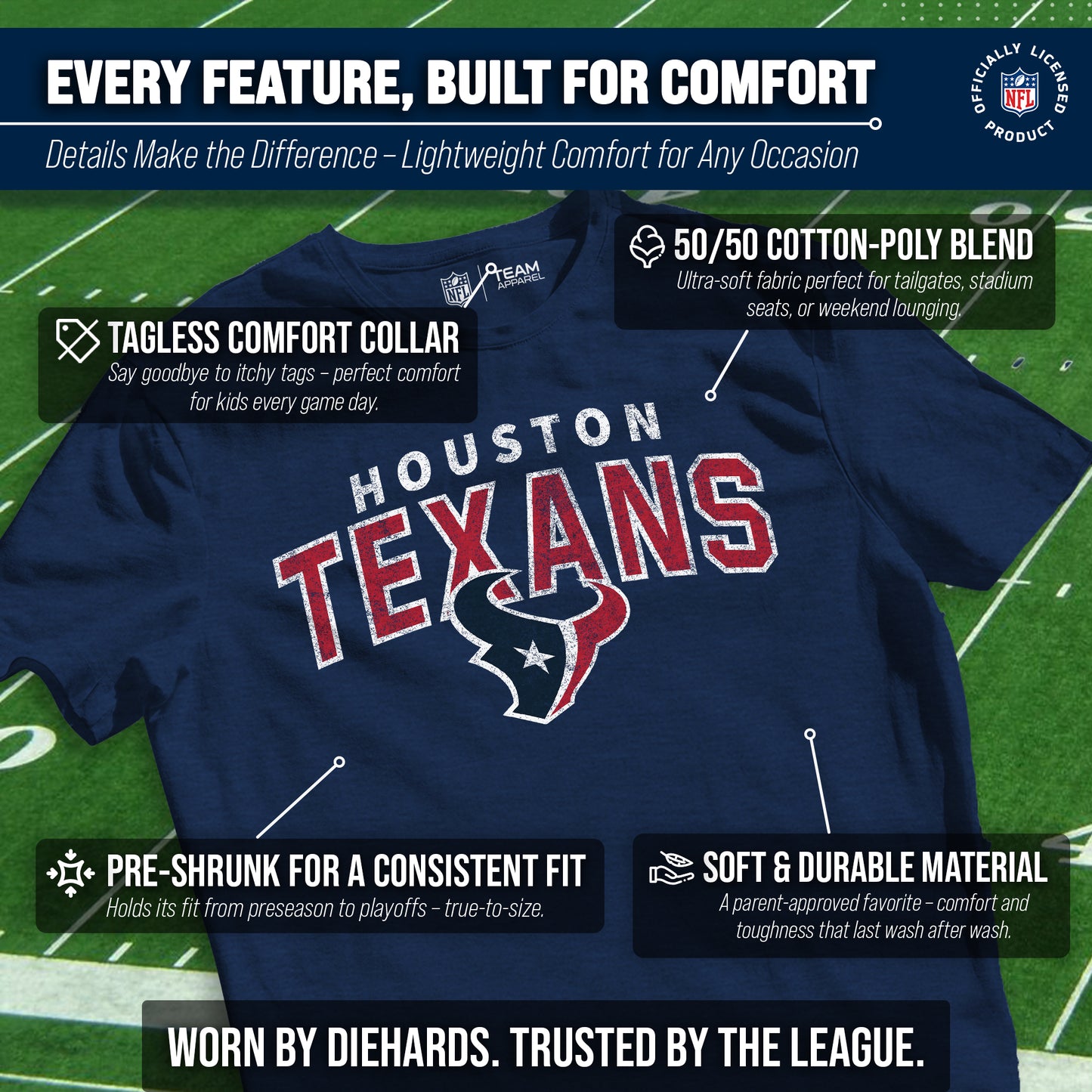 Houston Texans NFL Youth Starting Fresh Tee- Pro Football Tag-Less T-Shirt For Boys & Girls - Navy