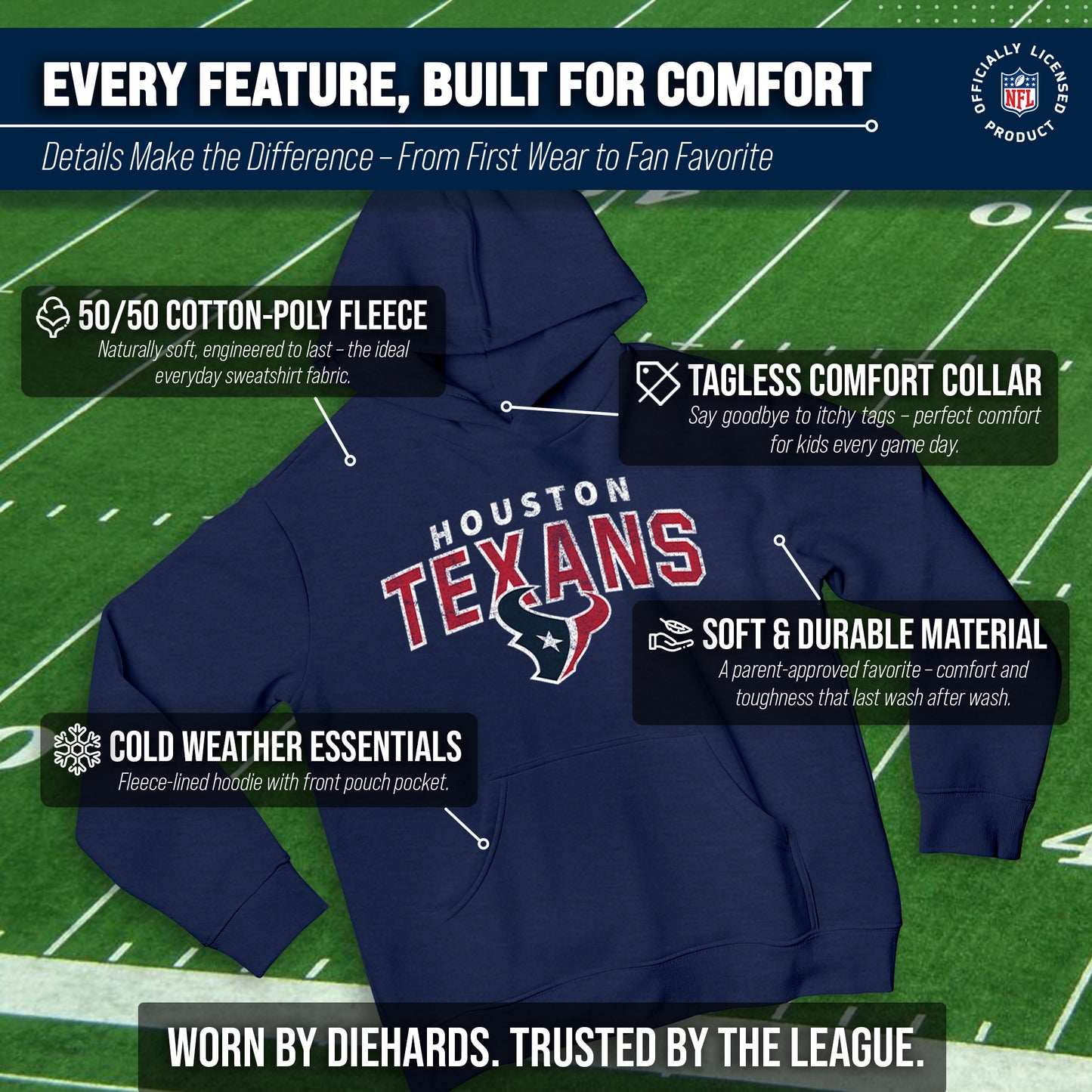 Houston Texans NFL Youth Starting Fresh Hoodie- Pro Football Sweatshirt for Boys and Girls - Navy