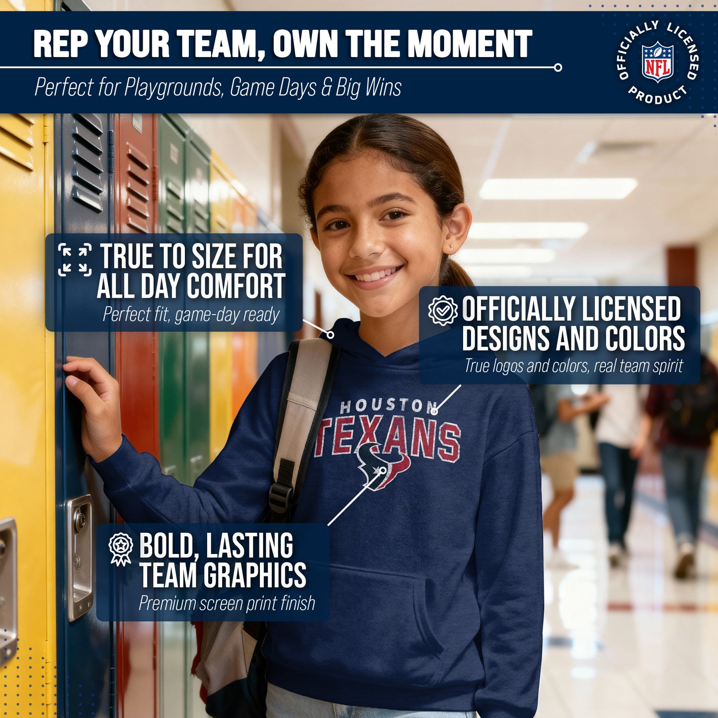 Houston Texans NFL Youth Starting Fresh Hoodie- Pro Football Sweatshirt for Boys and Girls - Navy