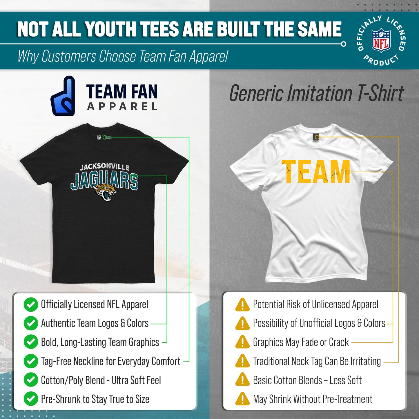 Jacksonville Jaguars NFL Youth Starting Fresh Tee- Pro Football Tag-Less T-Shirt For Boys & Girls - Black