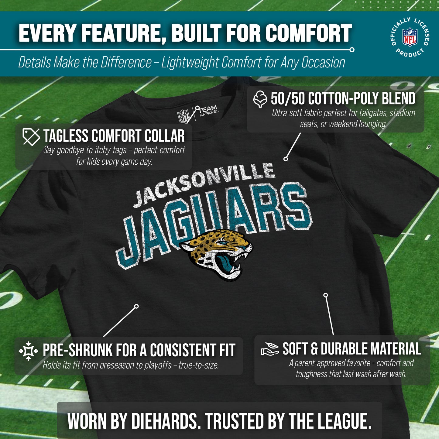 Jacksonville Jaguars NFL Youth Starting Fresh Tee- Pro Football Tag-Less T-Shirt For Boys & Girls - Black