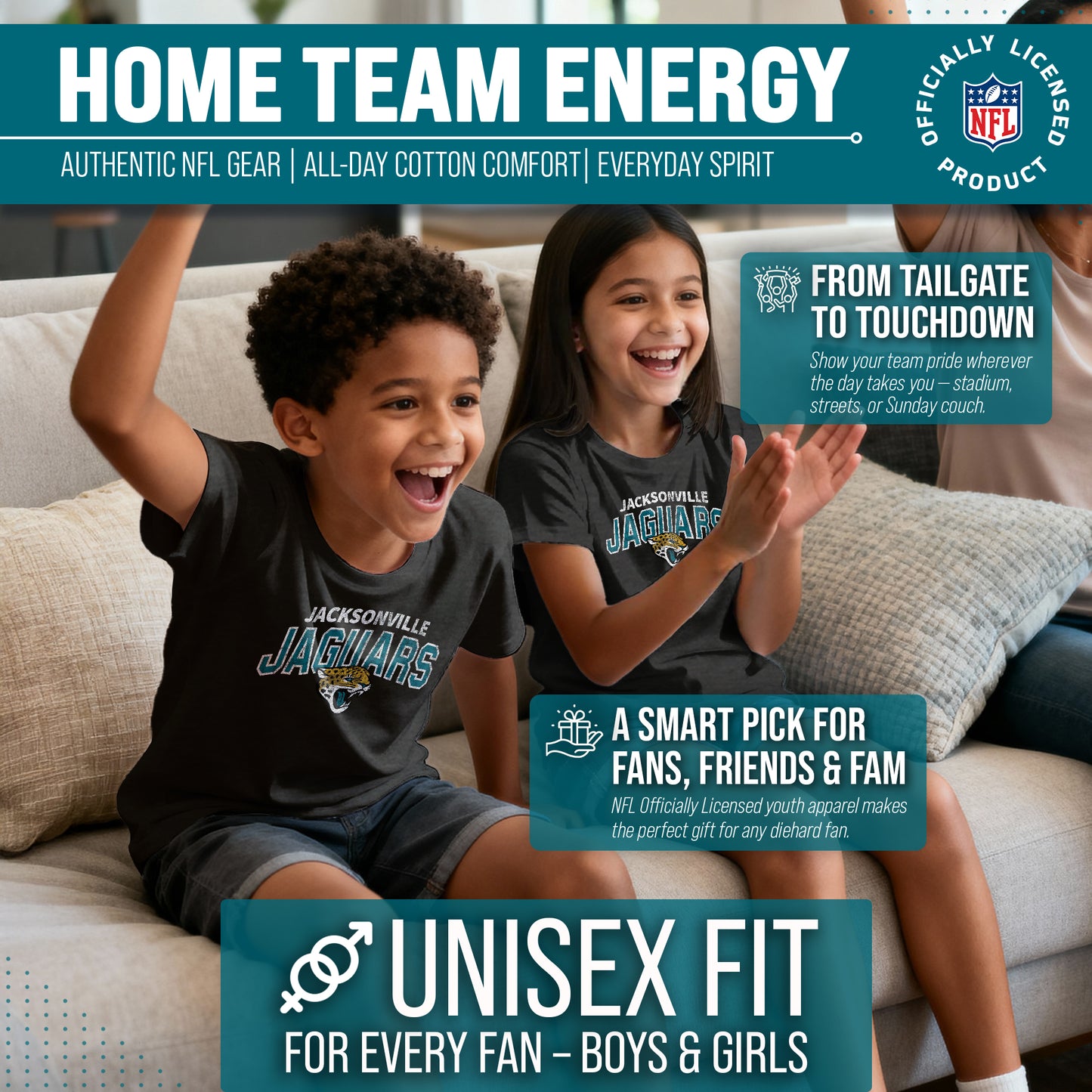 Jacksonville Jaguars NFL Youth Starting Fresh Tee- Pro Football Tag-Less T-Shirt For Boys & Girls - Black