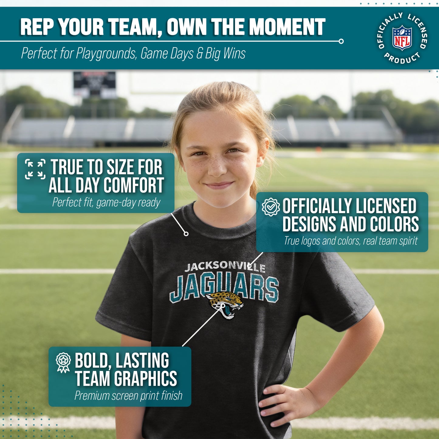 Jacksonville Jaguars NFL Youth Starting Fresh Tee- Pro Football Tag-Less T-Shirt For Boys & Girls - Black