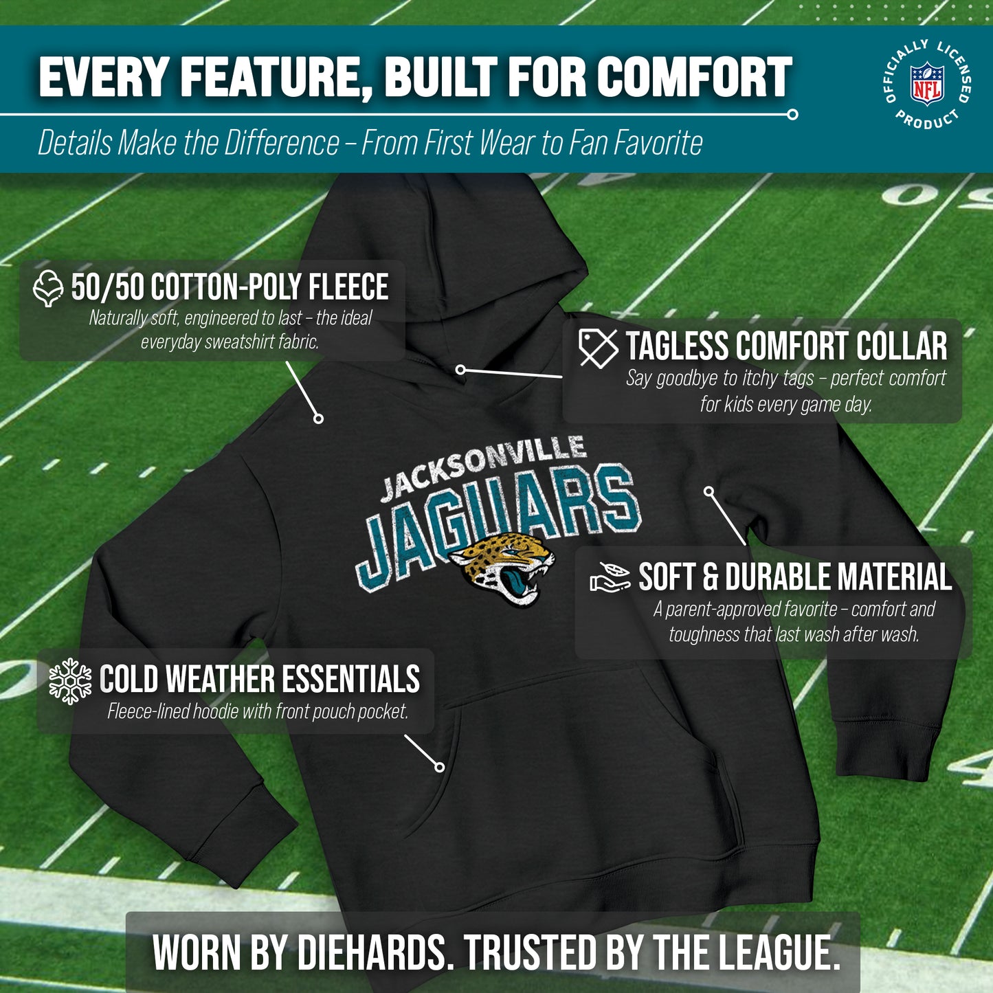 Jacksonville Jaguars NFL Youth Starting Fresh Hoodie- Pro Football Sweatshirt for Boys and Girls - Black