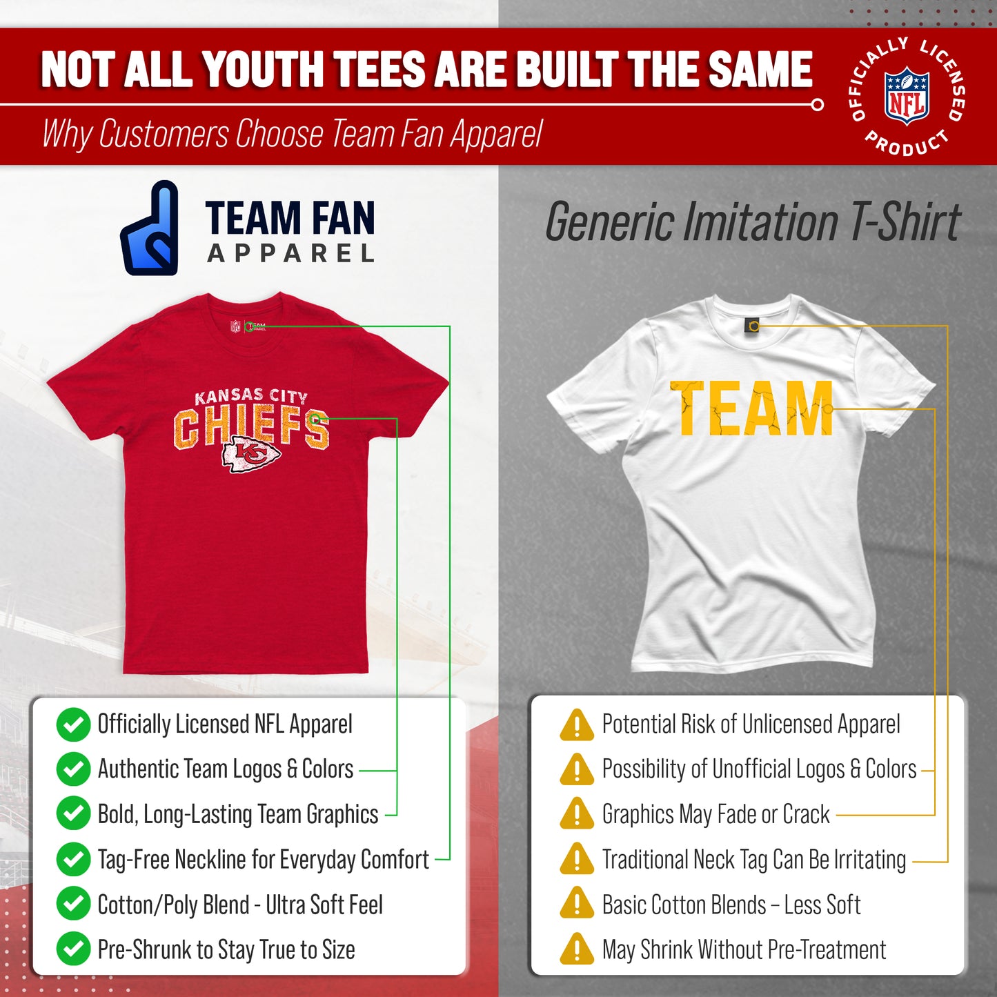 Kansas City Chiefs NFL Youth Starting Fresh Tee- Pro Football Tag-Less T-Shirt For Boys & Girls - Red