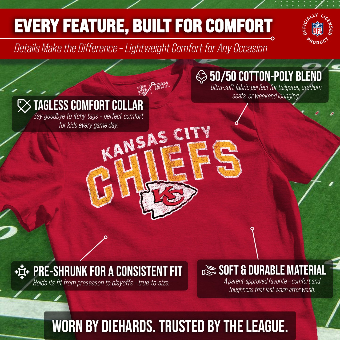 Kansas City Chiefs NFL Youth Starting Fresh Tee- Pro Football Tag-Less T-Shirt For Boys & Girls - Red