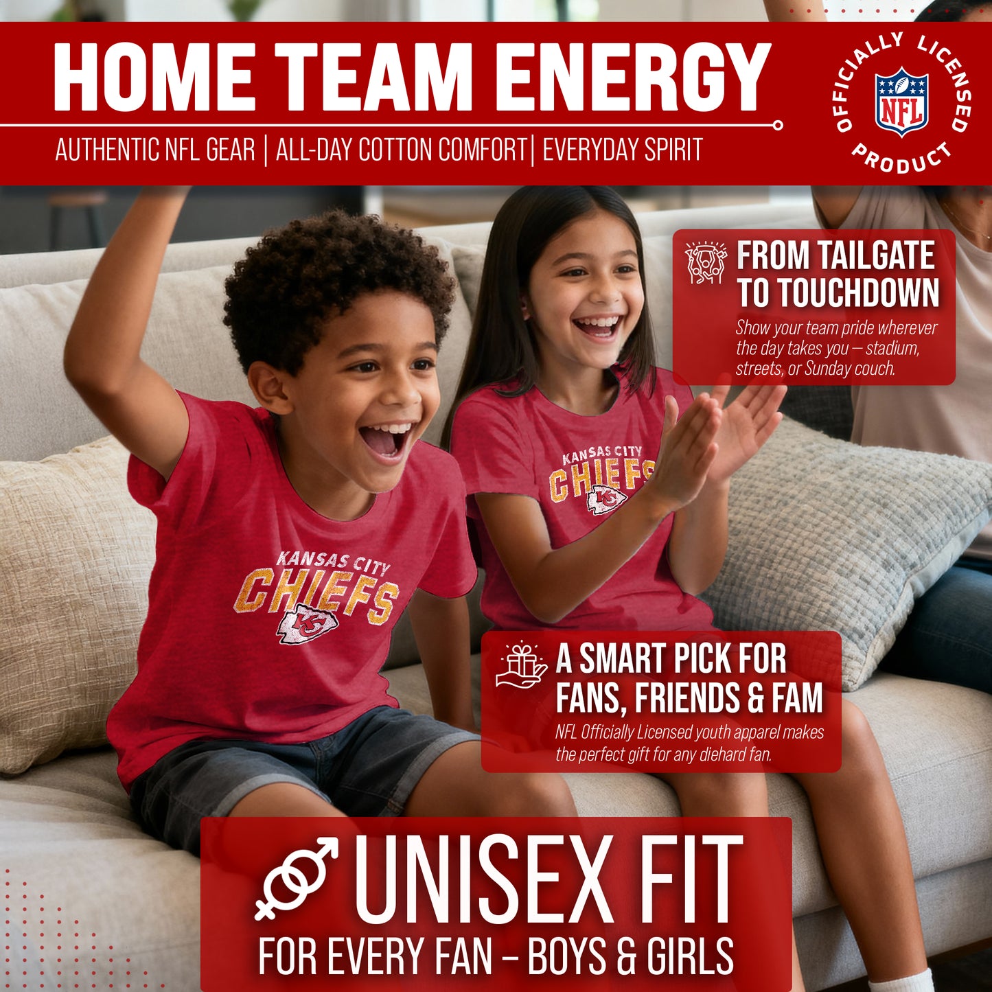 Kansas City Chiefs NFL Youth Starting Fresh Tee- Pro Football Tag-Less T-Shirt For Boys & Girls - Red