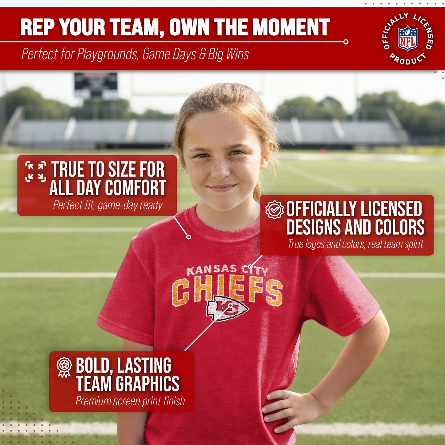 Kansas City Chiefs NFL Youth Starting Fresh Tee- Pro Football Tag-Less T-Shirt For Boys & Girls - Red