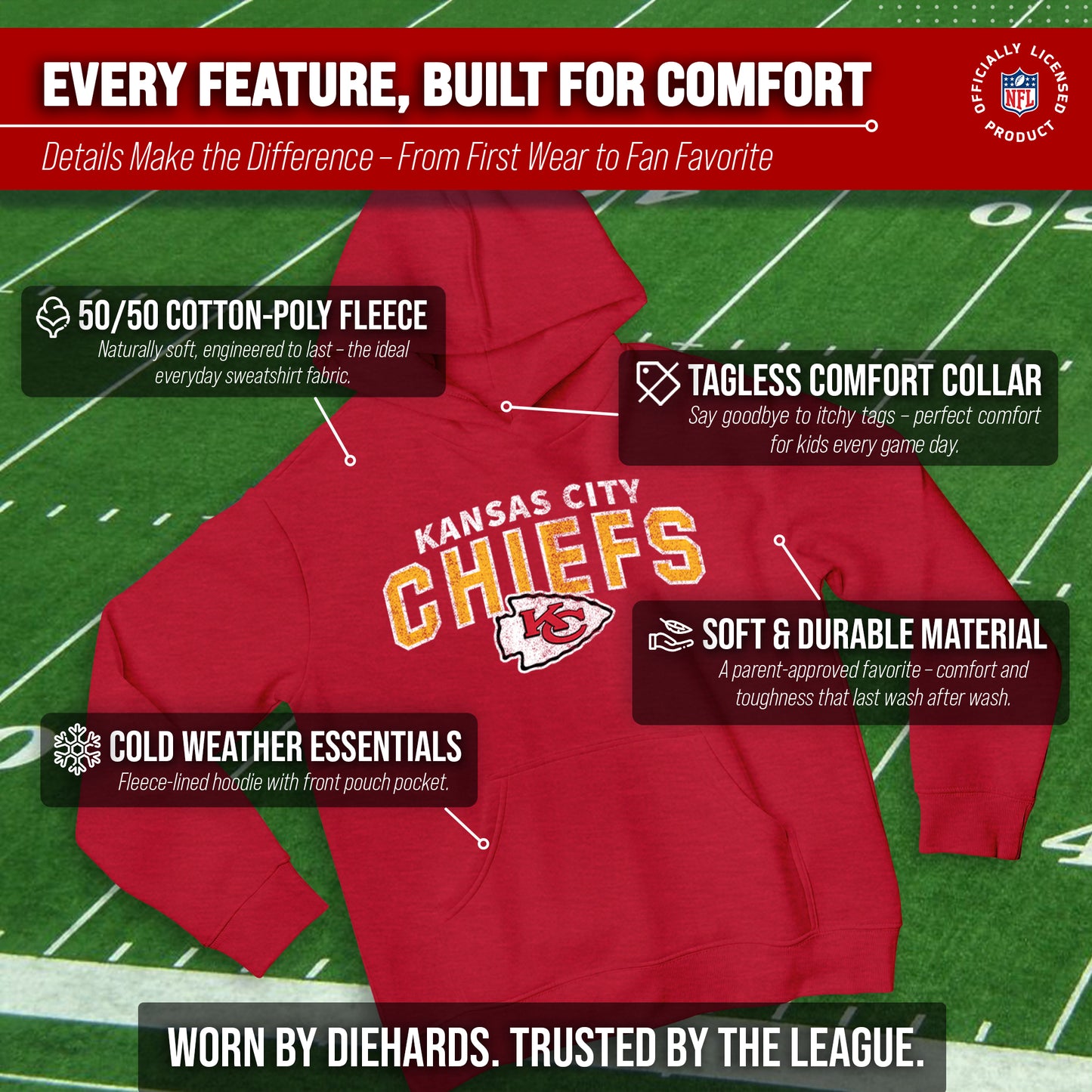 Kansas City Chiefs NFL Youth Starting Fresh Hoodie- Pro Football Sweatshirt for Boys and Girls - Red