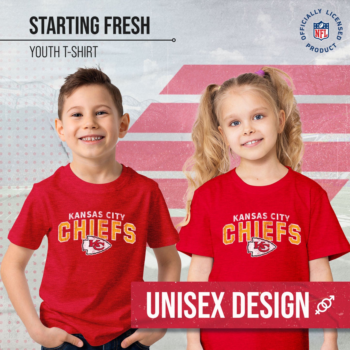 Kansas City Chiefs NFL Youth Starting Fresh Tee- Pro Football Tag-Less T-Shirt For Boys & Girls - Red