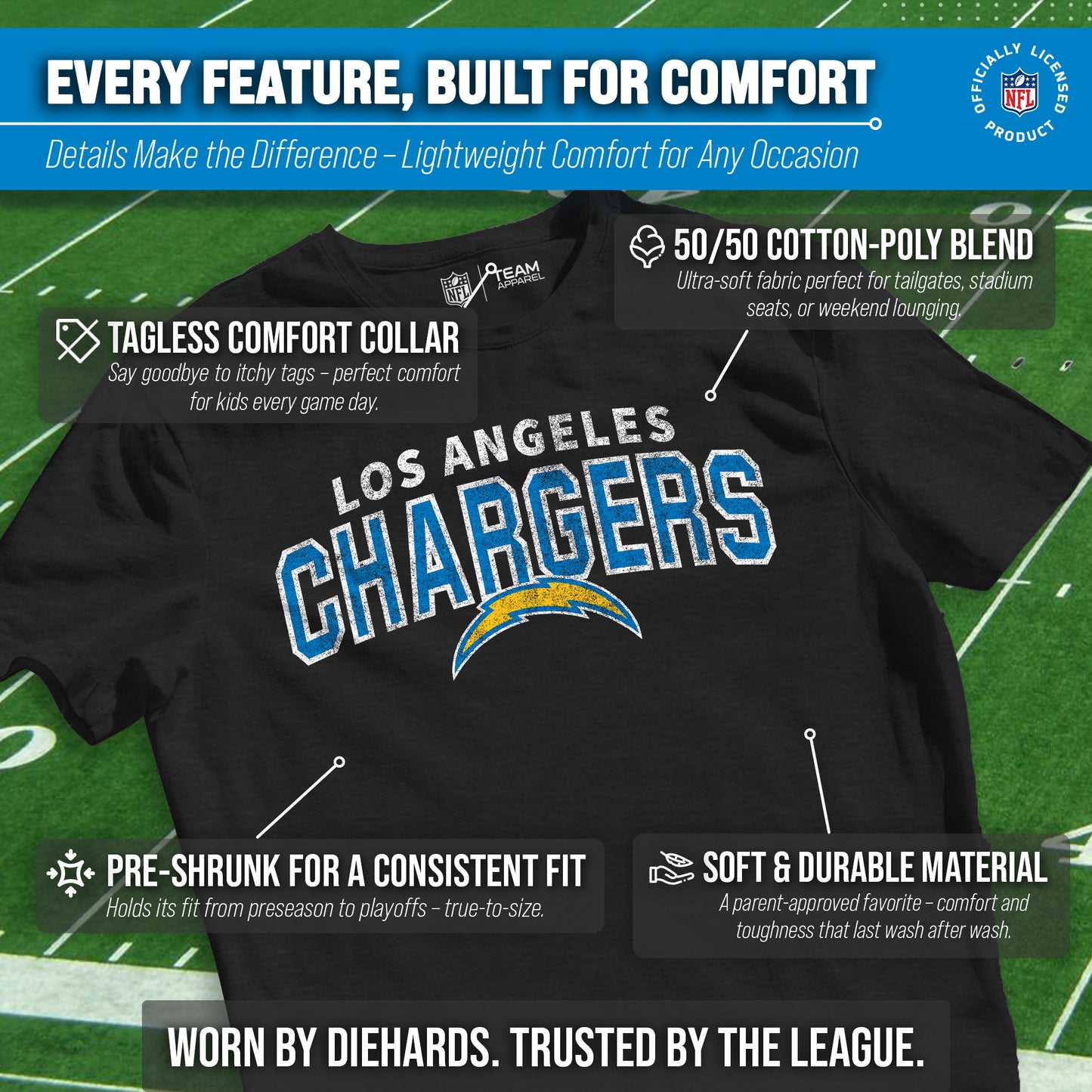 Los Angeles Chargers NFL Youth Starting Fresh Tee- Pro Football Tag-Less T-Shirt For Boys & Girls - Black