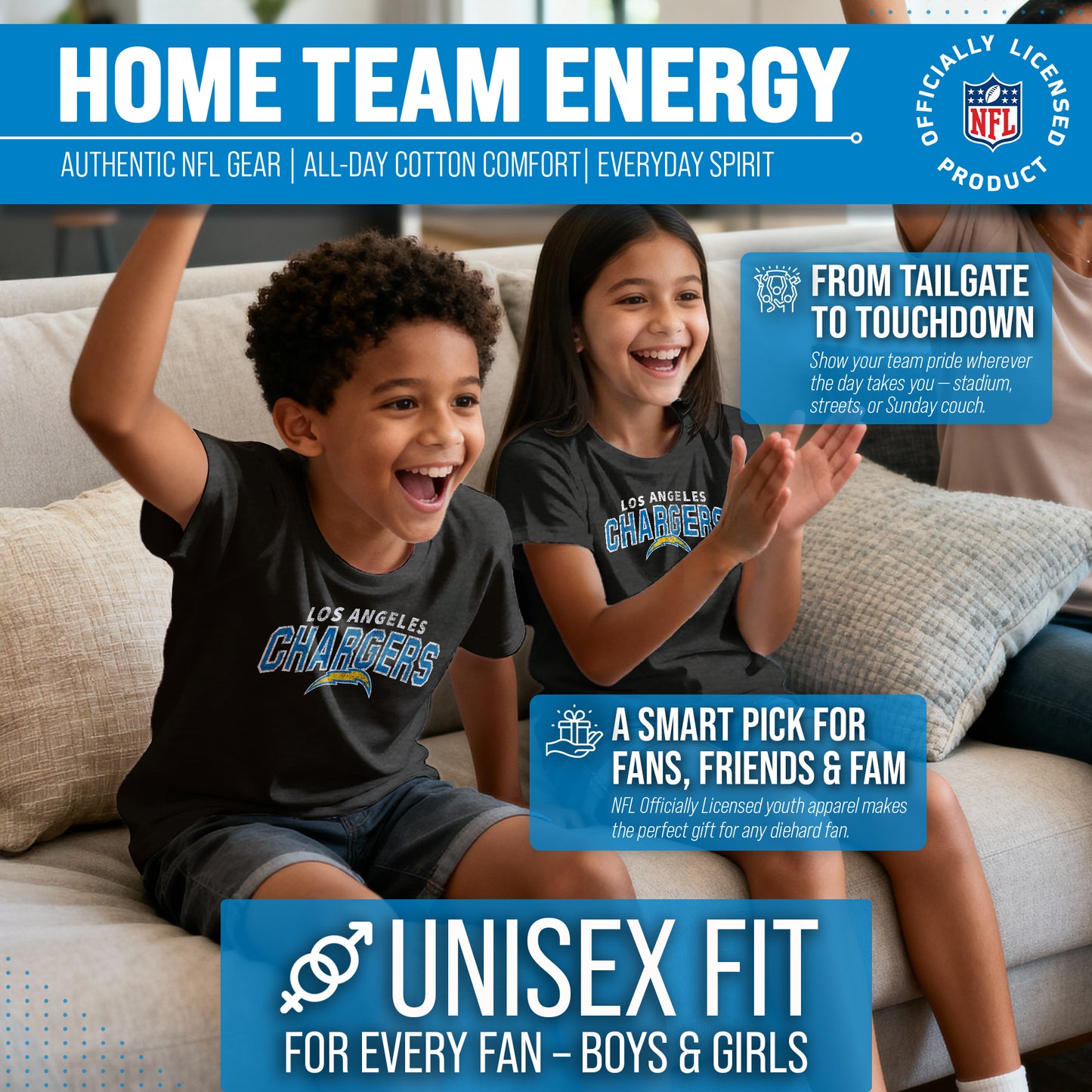 Los Angeles Chargers NFL Youth Starting Fresh Tee- Pro Football Tag-Less T-Shirt For Boys & Girls - Black