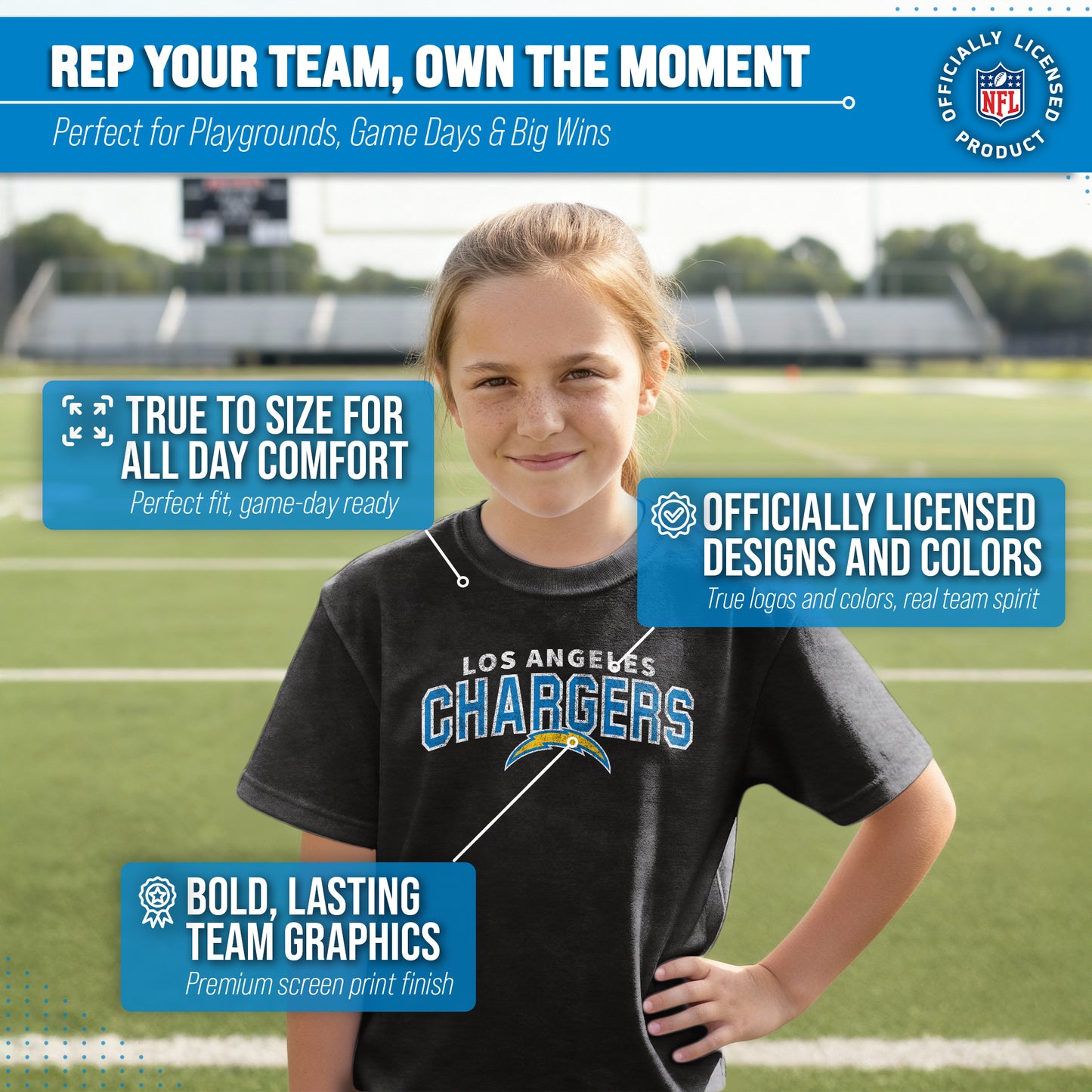 Los Angeles Chargers NFL Youth Starting Fresh Tee- Pro Football Tag-Less T-Shirt For Boys & Girls - Black