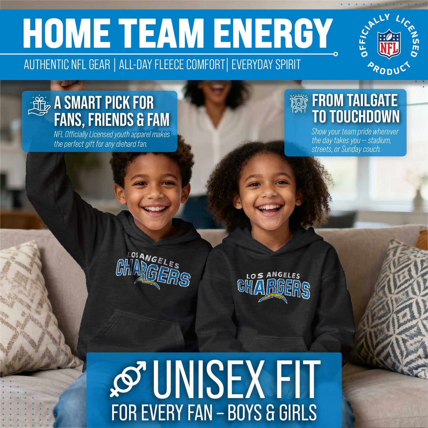 Los Angeles Chargers NFL Youth Starting Fresh Hoodie- Pro Football Sweatshirt for Boys and Girls - Black