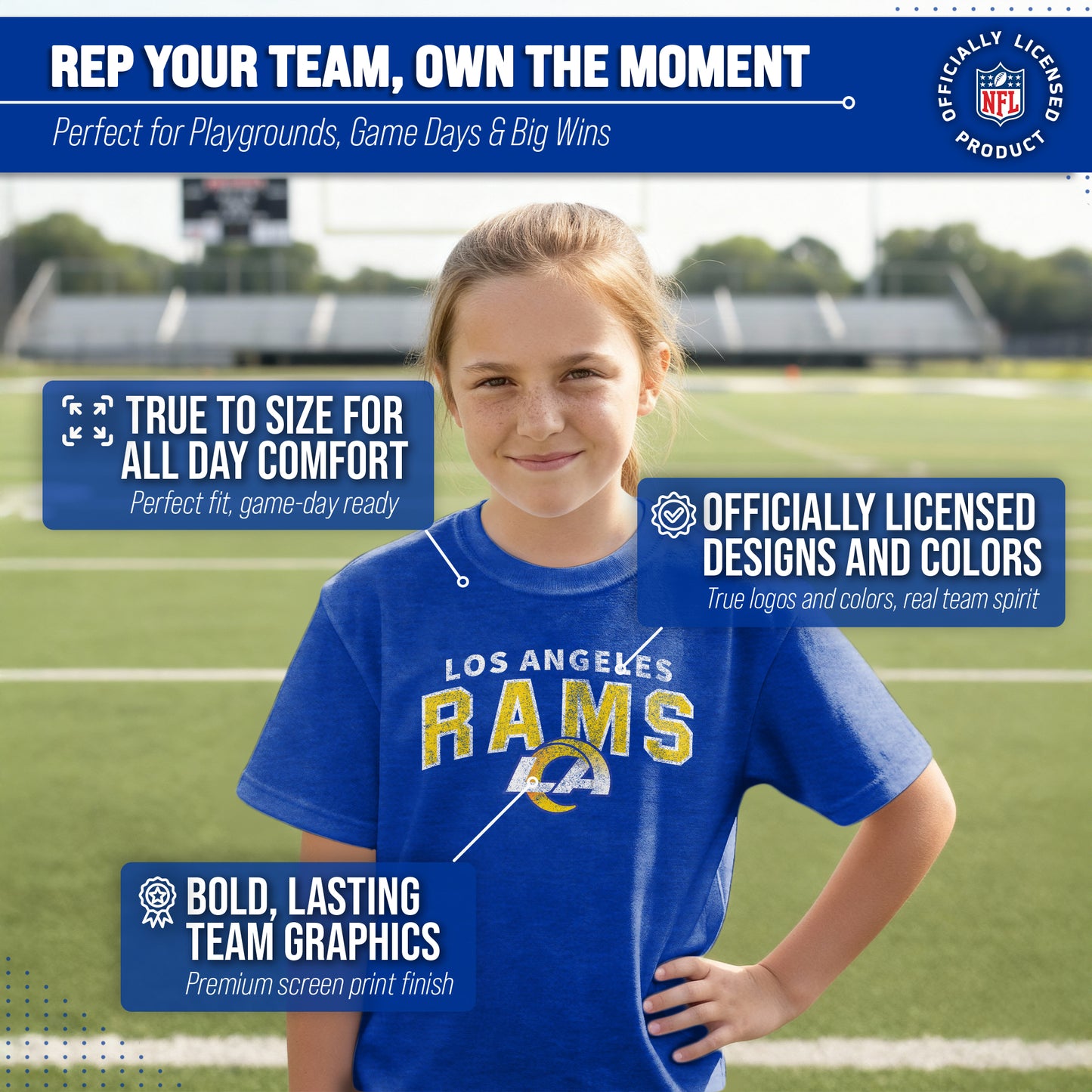 Los Angeles Rams NFL Youth Starting Fresh Tee- Pro Football Tag-Less T-Shirt For Boys & Girls - Royal