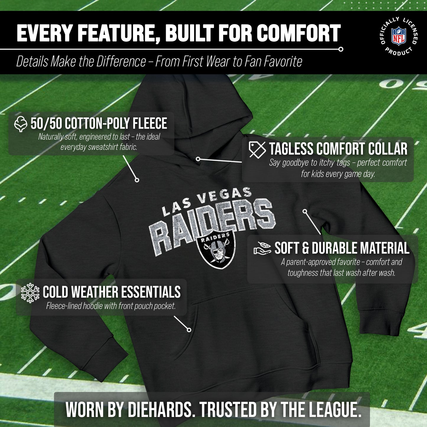 Las Vegas Raiders NFL Youth Starting Fresh Hoodie- Pro Football Sweatshirt for Boys and Girls - Black