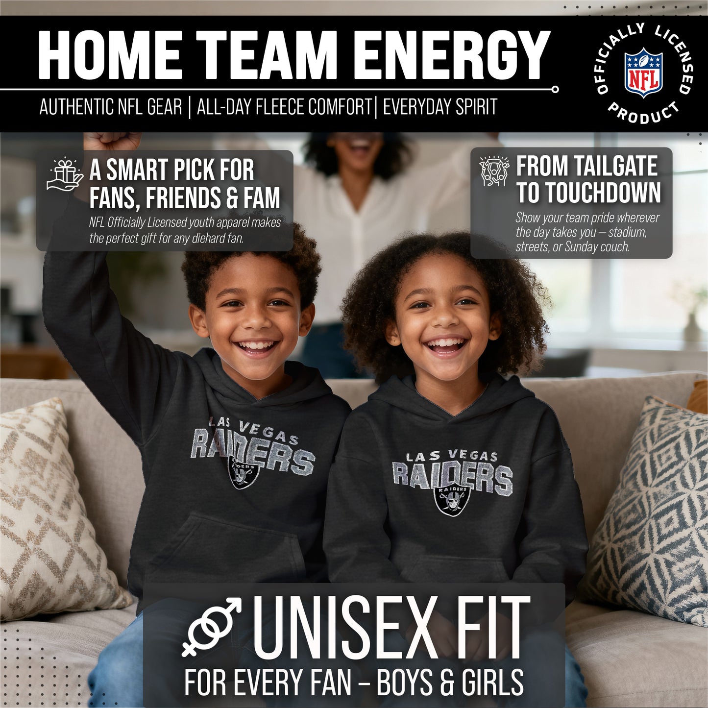 Las Vegas Raiders NFL Youth Starting Fresh Hoodie- Pro Football Sweatshirt for Boys and Girls - Black