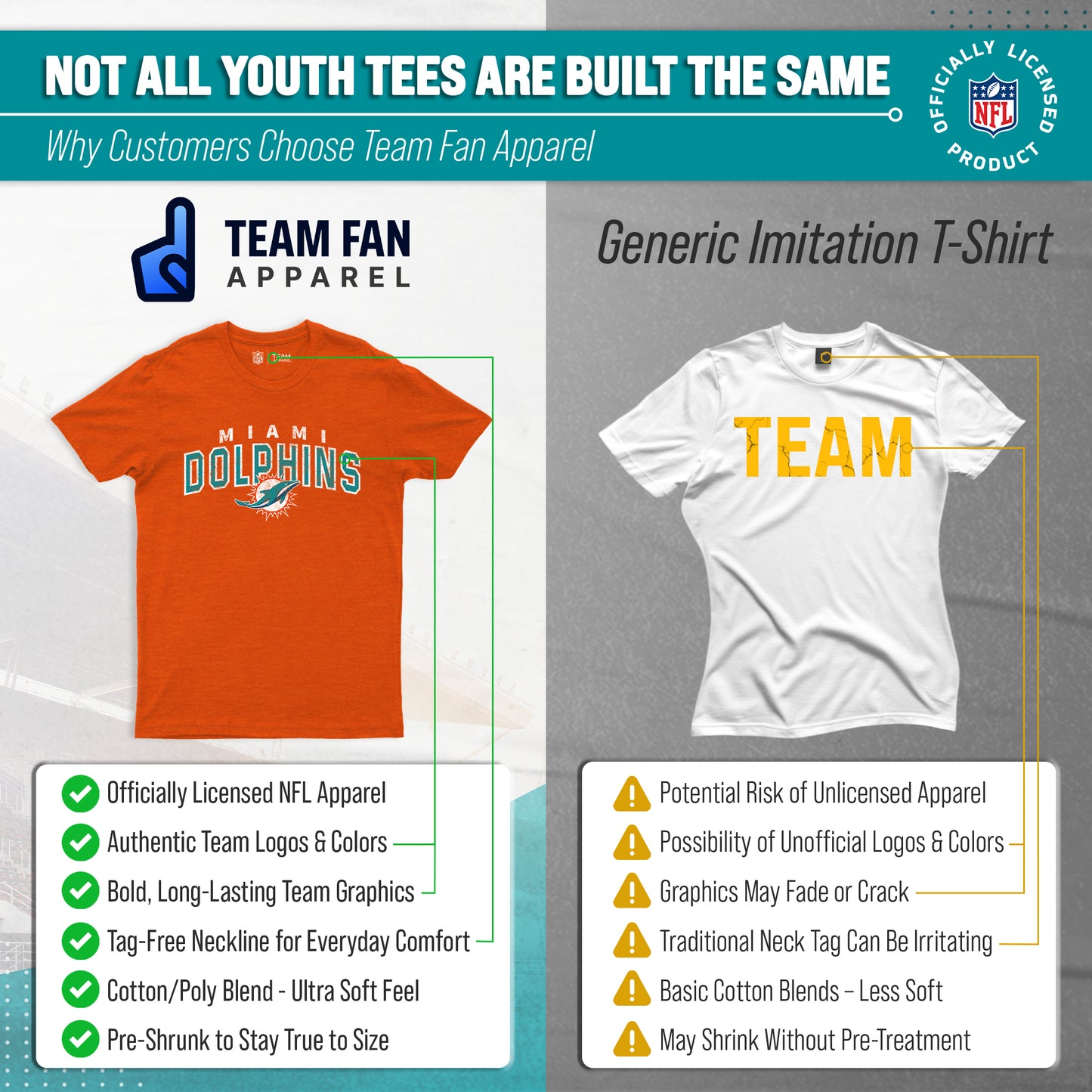 Miami Dolphins NFL Youth Starting Fresh Tee- Pro Football Tag-Less T-Shirt For Boys & Girls - Orange