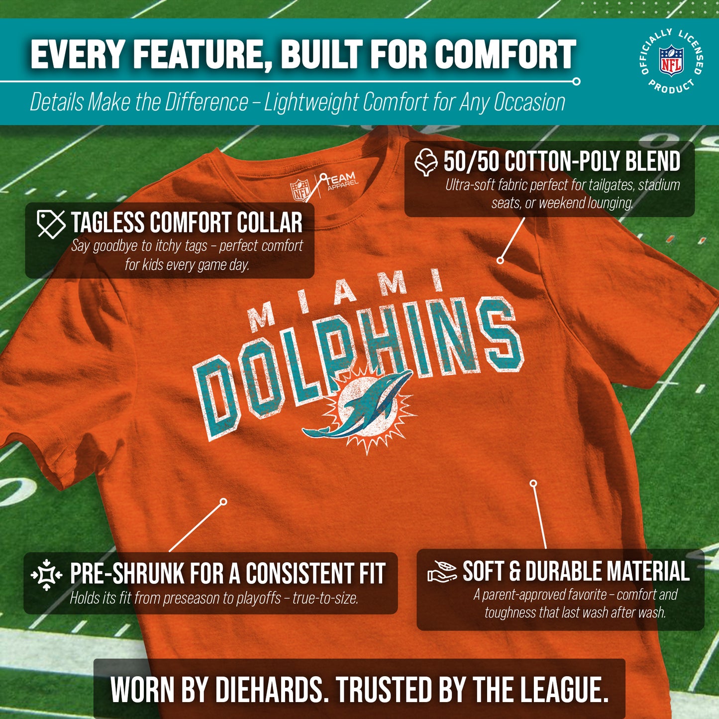 Miami Dolphins NFL Youth Starting Fresh Tee- Pro Football Tag-Less T-Shirt For Boys & Girls - Orange