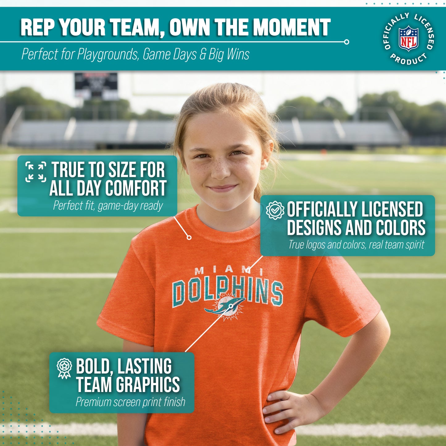 Miami Dolphins NFL Youth Starting Fresh Tee- Pro Football Tag-Less T-Shirt For Boys & Girls - Orange