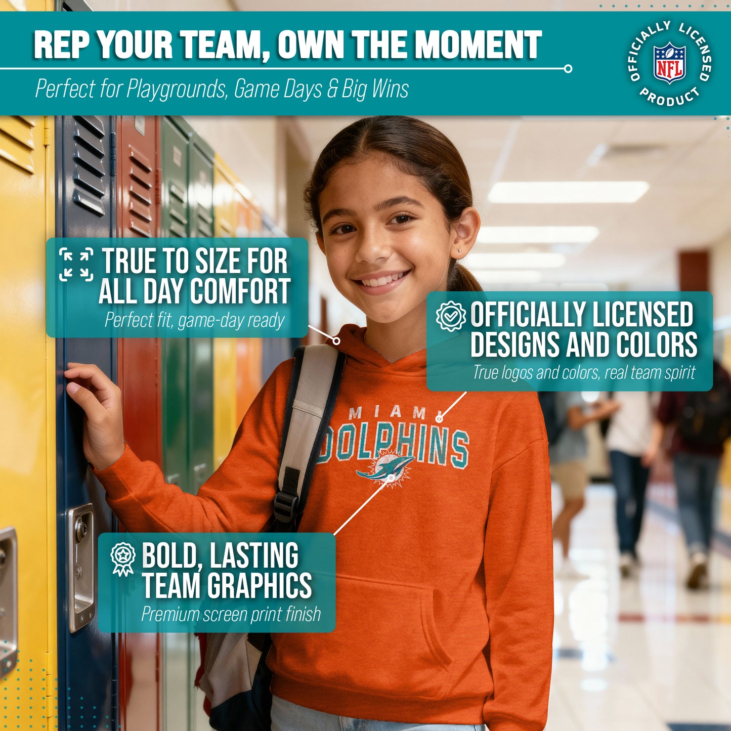 Miami Dolphins NFL Youth Starting Fresh Hoodie- Pro Football Sweatshirt for Boys and Girls - Orange