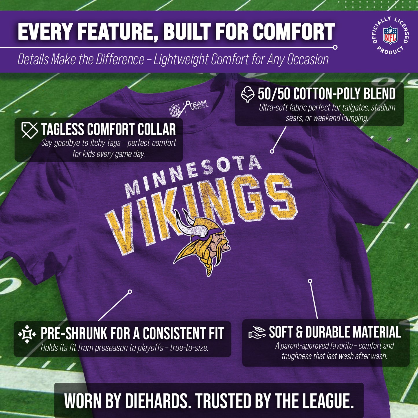 Minnesota Vikings NFL Youth Starting Fresh Tee- Pro Football Tag-Less T-Shirt For Boys & Girls - Purple