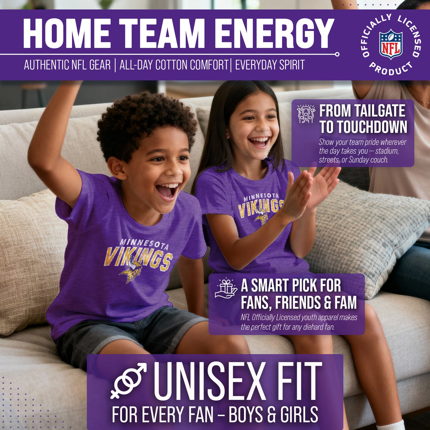 Minnesota Vikings NFL Youth Starting Fresh Tee- Pro Football Tag-Less T-Shirt For Boys & Girls - Purple