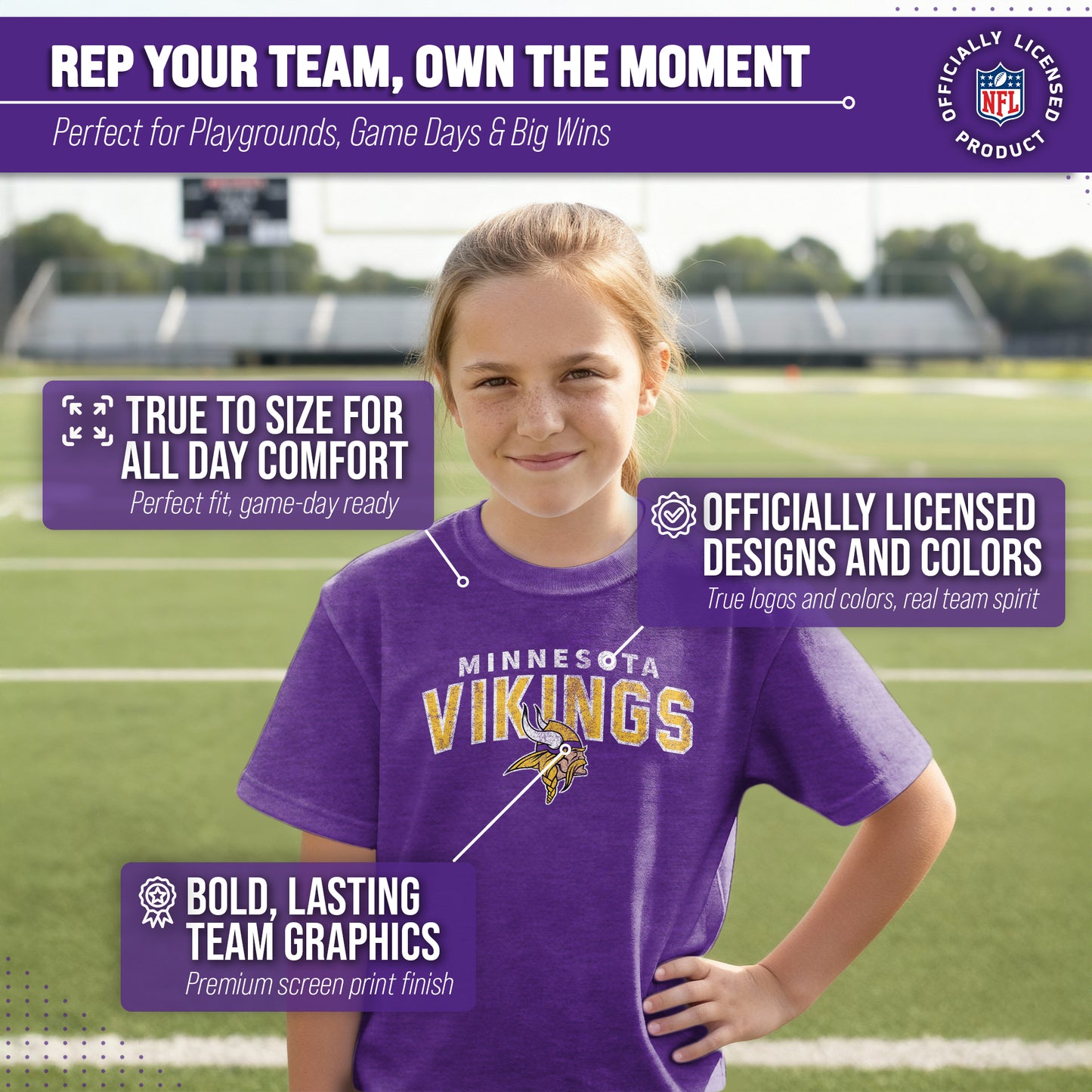 Minnesota Vikings NFL Youth Starting Fresh Tee- Pro Football Tag-Less T-Shirt For Boys & Girls - Purple