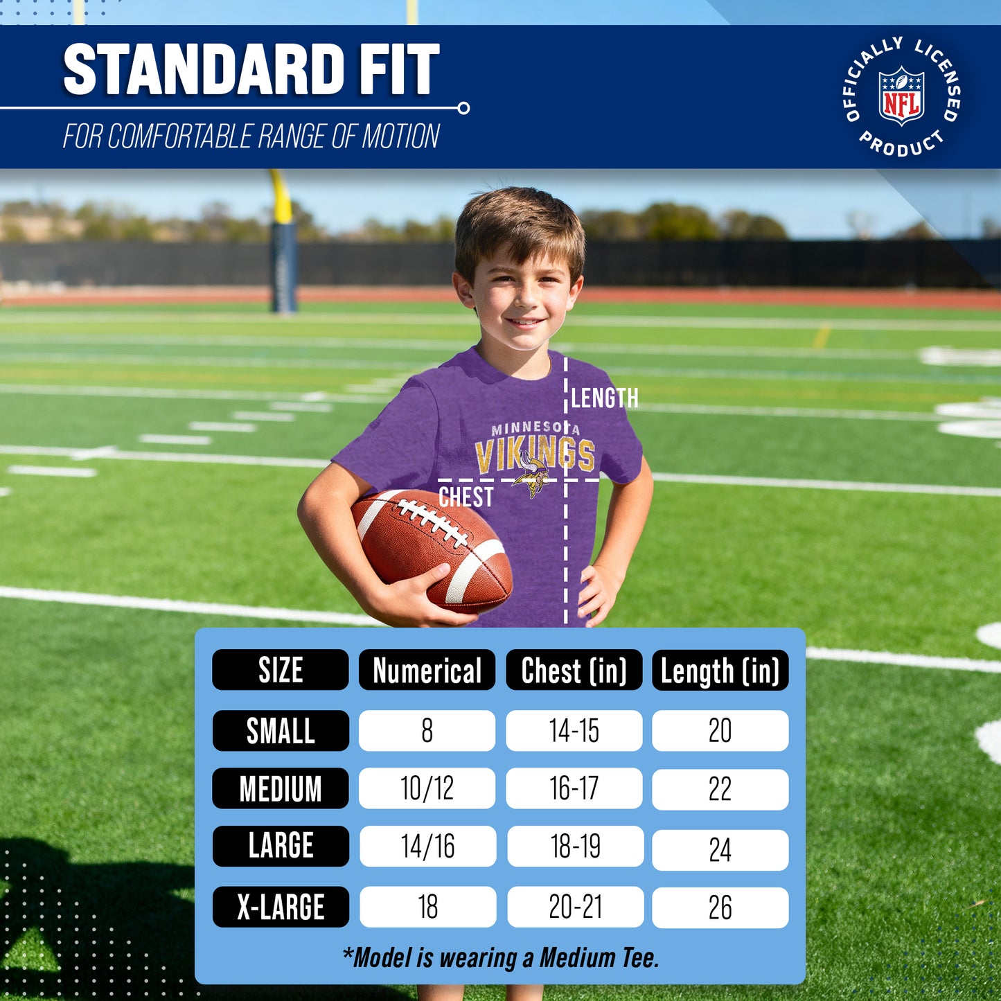 Minnesota Vikings NFL Youth Starting Fresh Tee- Pro Football Tag-Less T-Shirt For Boys & Girls - Purple