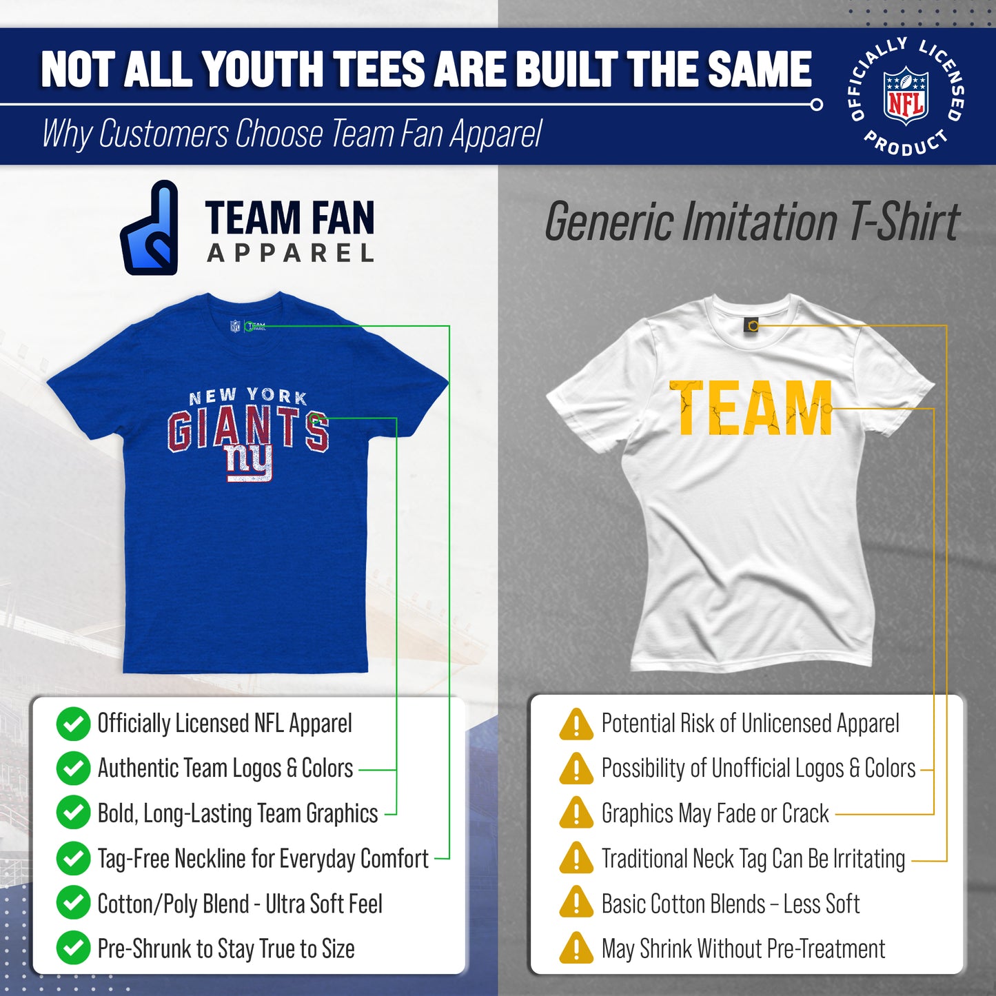 New York Giants NFL Youth Starting Fresh Tee- Pro Football Tag-Less T-Shirt For Boys & Girls - Royal
