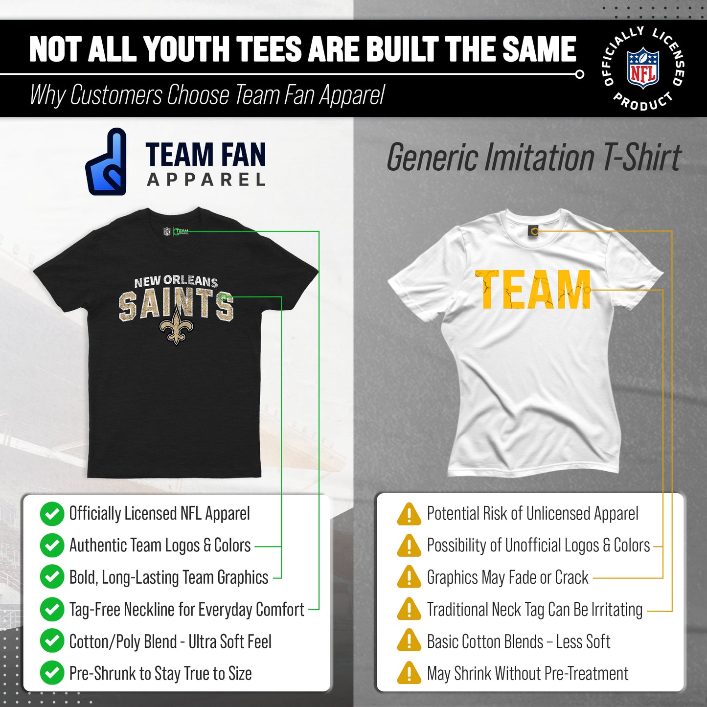 New Orleans Saints NFL Youth Starting Fresh Tee- Pro Football Tag-Less T-Shirt For Boys & Girls - Black