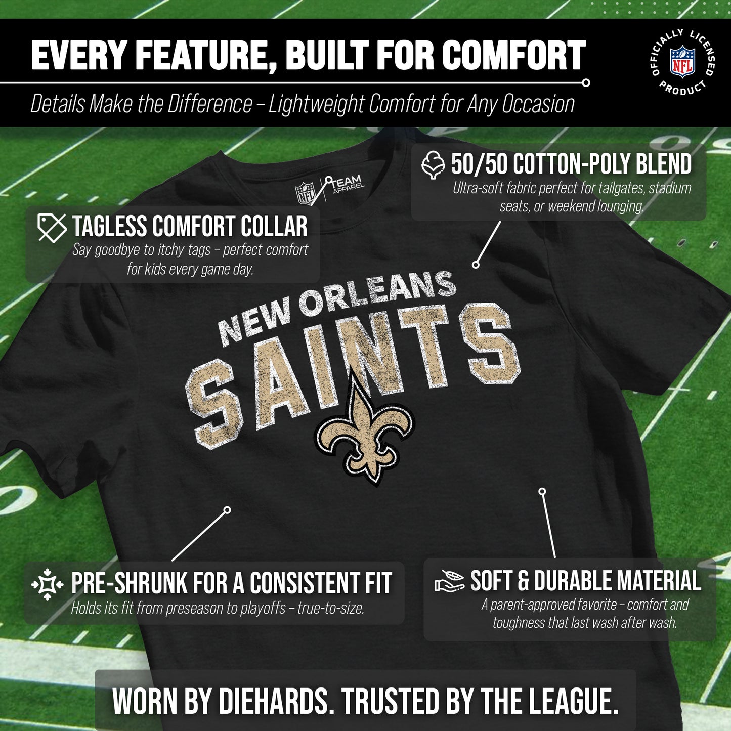 New Orleans Saints NFL Youth Starting Fresh Tee- Pro Football Tag-Less T-Shirt For Boys & Girls - Black