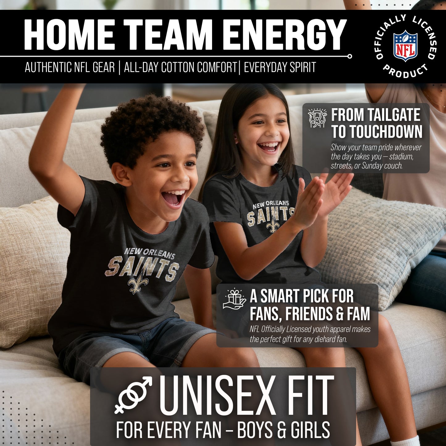 New Orleans Saints NFL Youth Starting Fresh Tee- Pro Football Tag-Less T-Shirt For Boys & Girls - Black