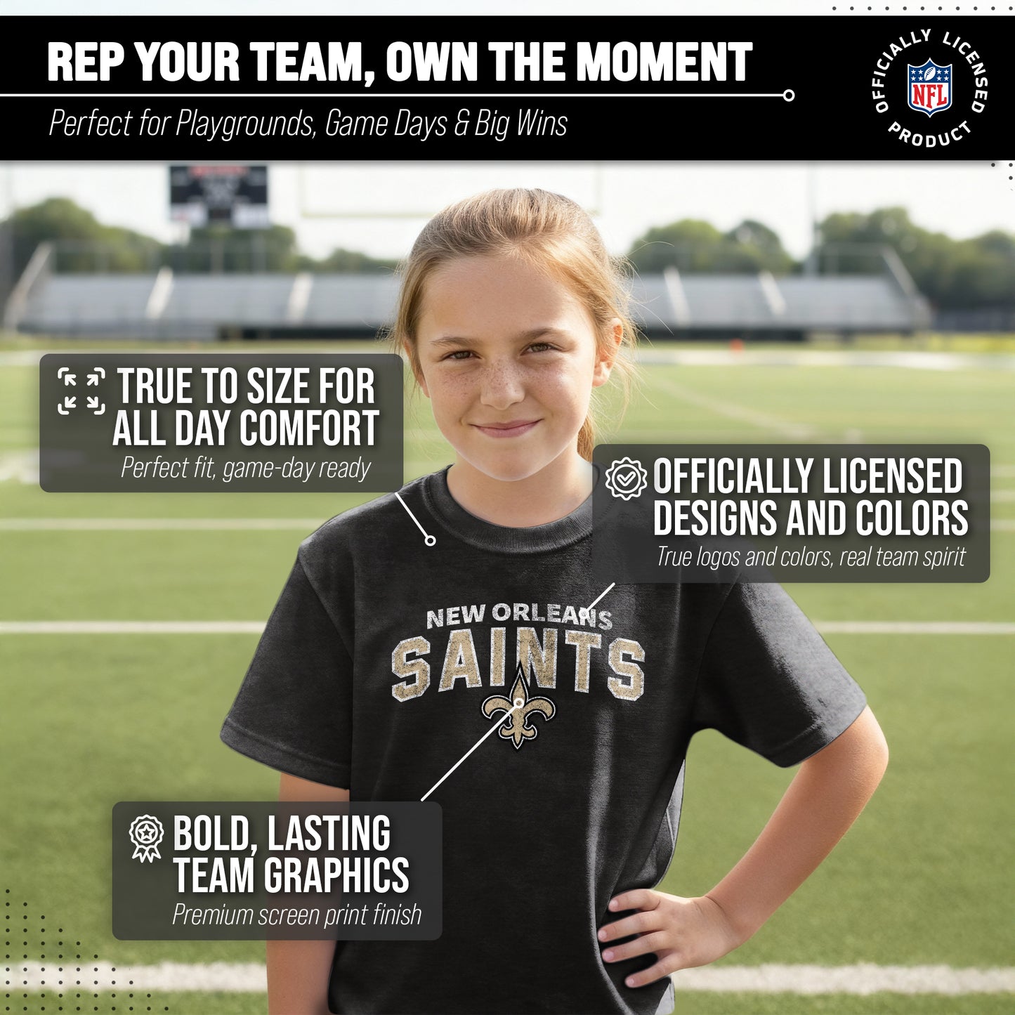 New Orleans Saints NFL Youth Starting Fresh Tee- Pro Football Tag-Less T-Shirt For Boys & Girls - Black
