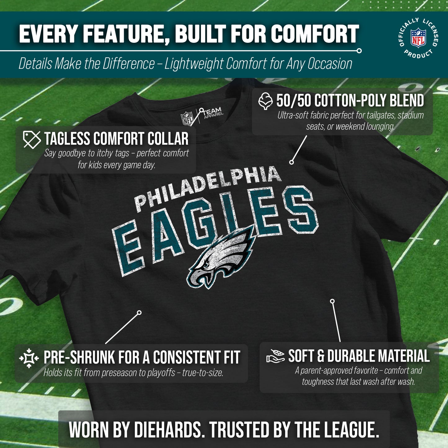 Philadelphia Eagles NFL Youth Starting Fresh Tee- Pro Football Tag-Less T-Shirt For Boys & Girls - Black