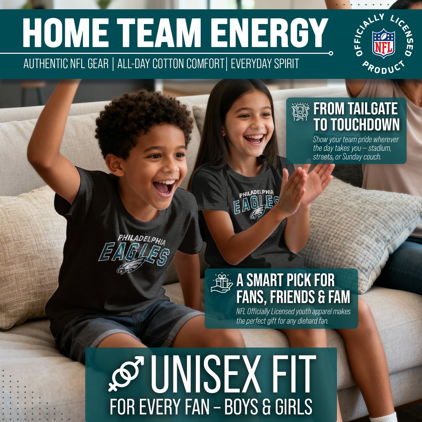 Philadelphia Eagles NFL Youth Starting Fresh Tee- Pro Football Tag-Less T-Shirt For Boys & Girls - Black