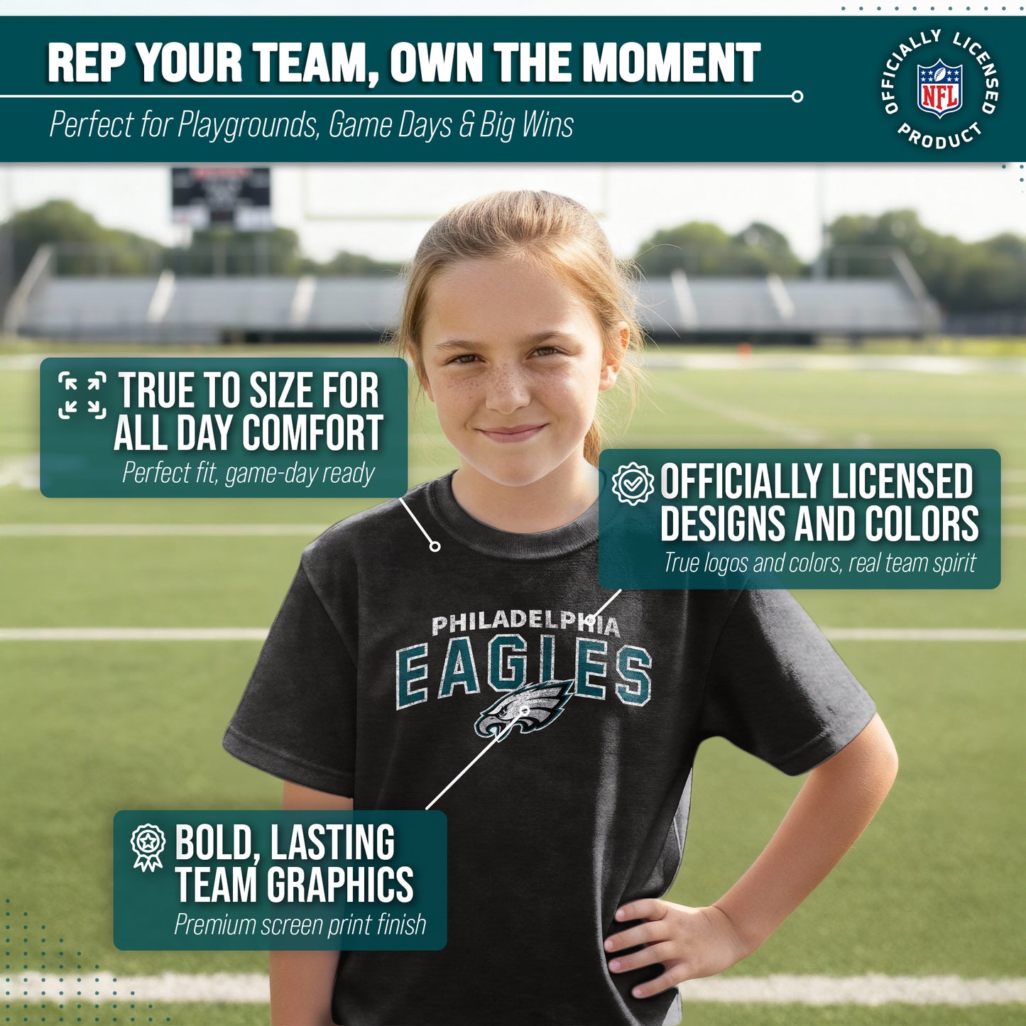 Philadelphia Eagles NFL Youth Starting Fresh Tee- Pro Football Tag-Less T-Shirt For Boys & Girls - Black