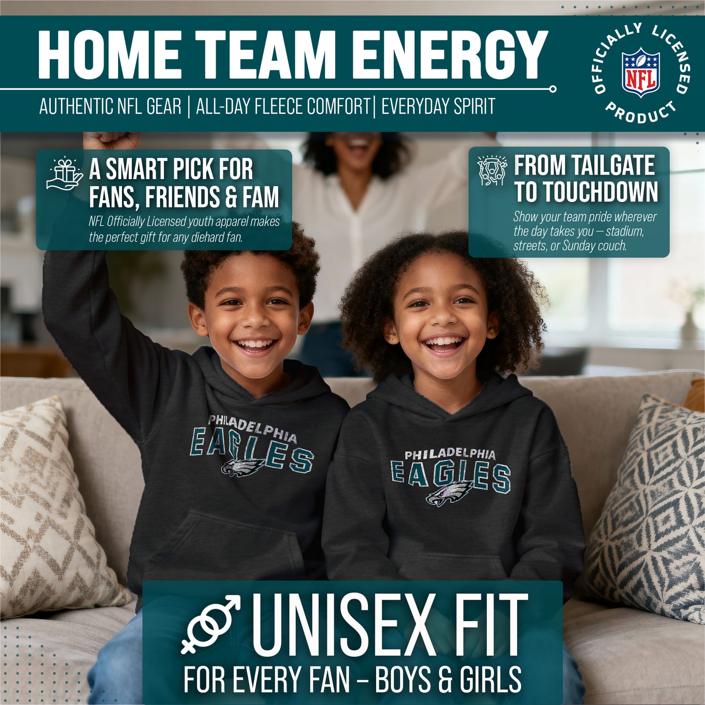 Philadelphia Eagles NFL Youth Starting Fresh Hoodie- Pro Football Sweatshirt for Boys and Girls - Black