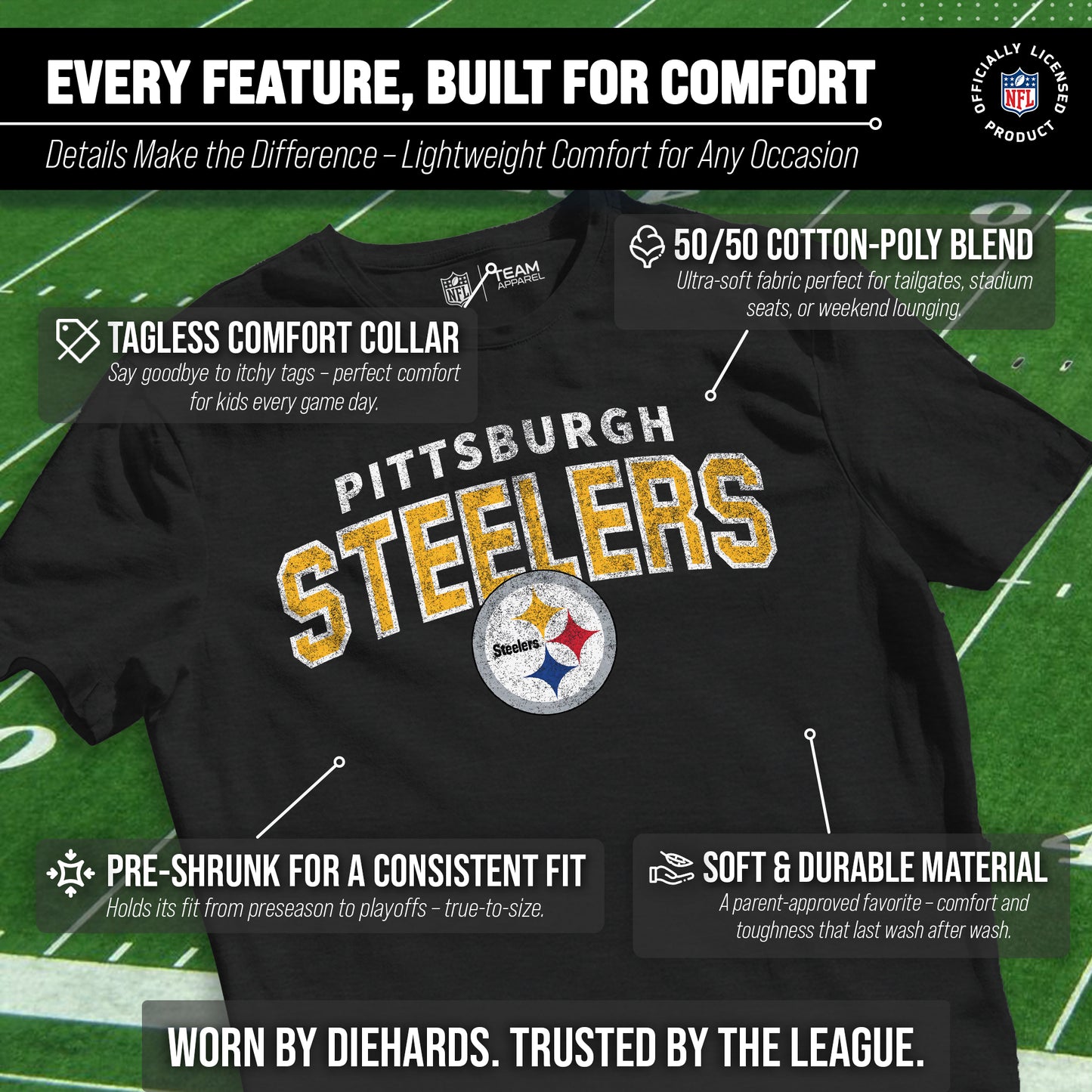 Pittsburgh Steelers NFL Youth Starting Fresh Tee- Pro Football Tag-Less T-Shirt For Boys & Girls - Black