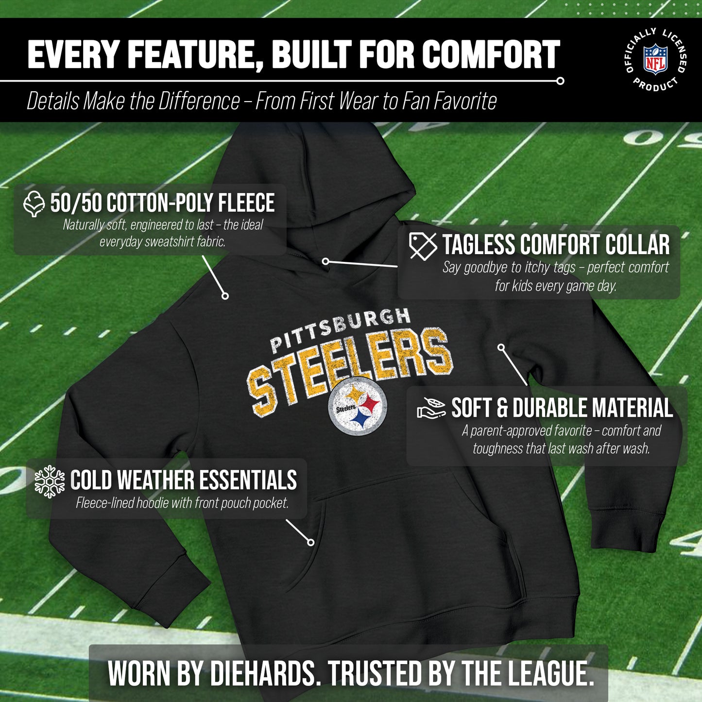 Pittsburgh Steelers NFL Youth Starting Fresh Hoodie- Pro Football Sweatshirt for Boys and Girls - Black