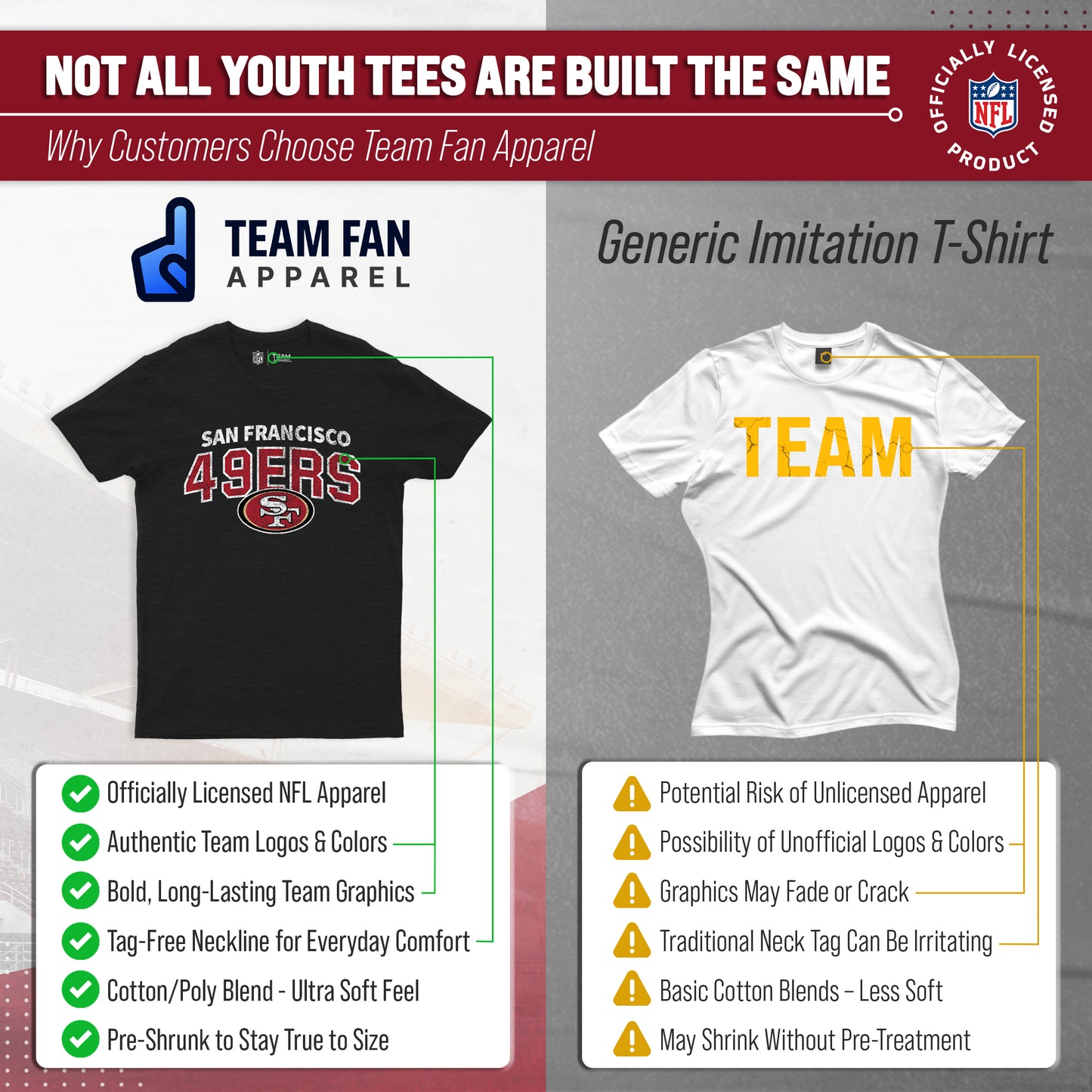 San Francisco 49ers NFL Youth Starting Fresh Tee- Pro Football Tag-Less T-Shirt For Boys & Girls - Black